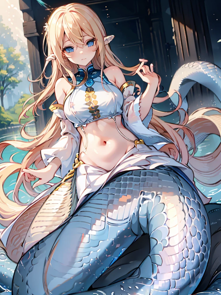 masterpiece,  top quality , girl ,Lamia, long blond hair , blue eyes,Idol,Idol服, full body shot ,Charming脸, Oval Face(Cute, Charming, soft), Lake at dawn