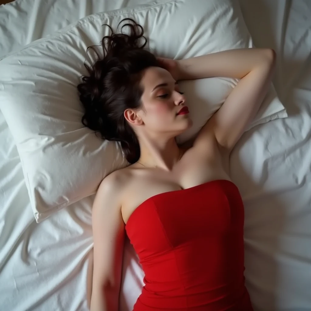 Kat Dennings, picture from above, lying limp on a bed with white sheets on back, red strapless dress, sleeping, closed eyes, head tilt, mouth slightly open, loose arms