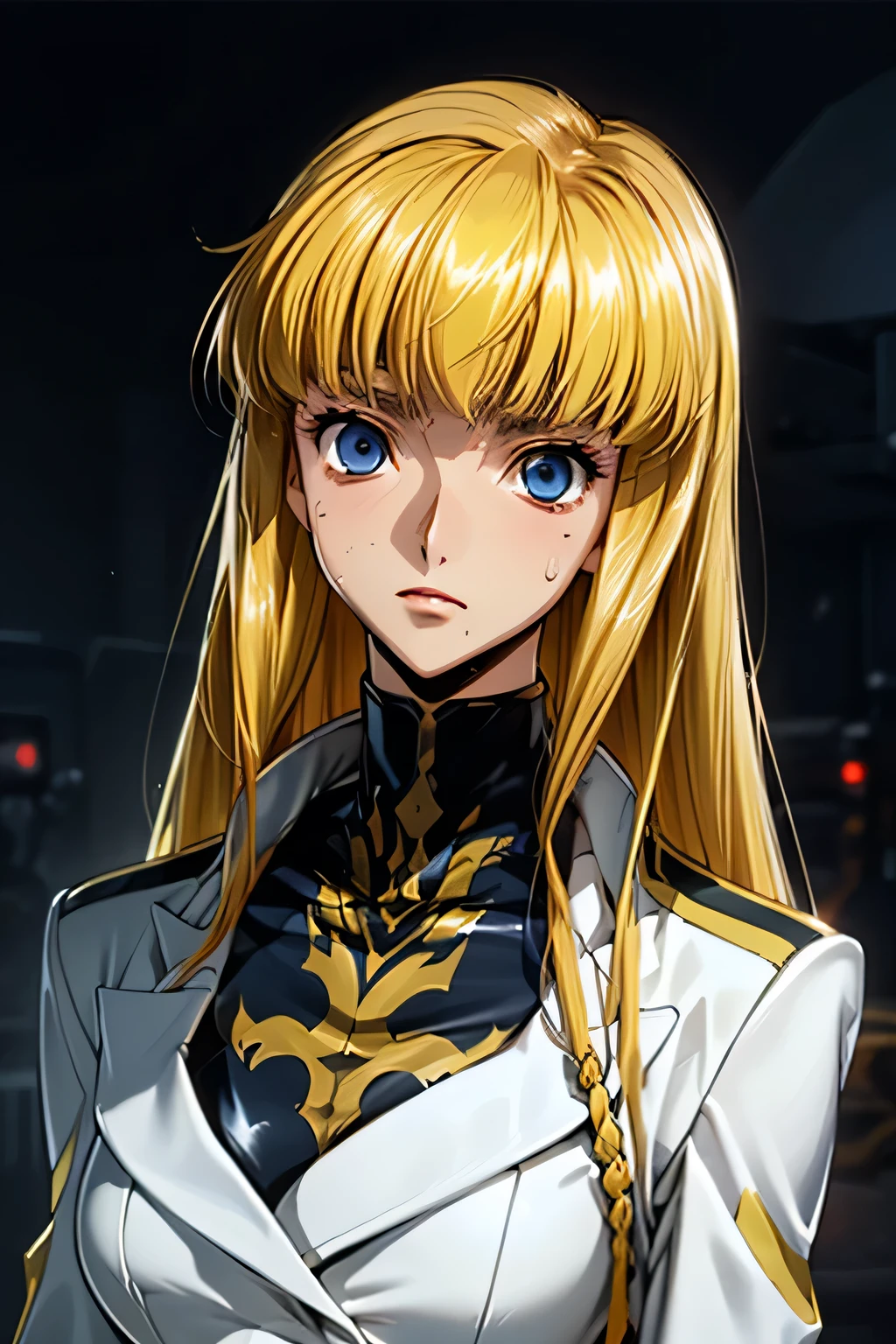 perfect anatomy top quality , Highest Resolution ,(((white latex military uniform with metallic luster Shiny Blonde Dark blue eyes sweat))) Code Geass Monica long hair straight expressionless flat chest woman cool