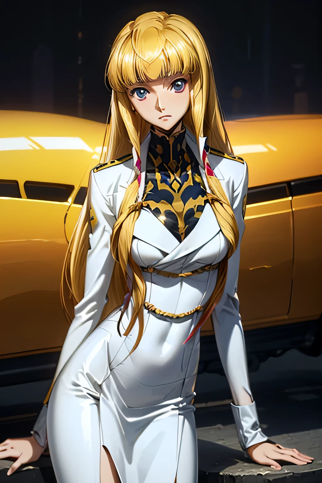 perfect anatomy top quality , Highest Resolution ,(((white latex military uniform with metallic luster Shiny Blonde Dark blue eyes sweat))) Code Geass Monica long hair straight expressionless flat chest woman cool