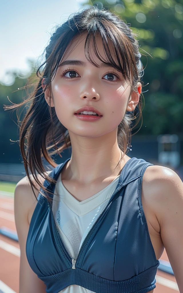 (Highest quality, masterpiece), (Beautiful 11 year old Japanese girl), (freckles:0.6), ponytail, Track and field athlete,Grimacing、Frowning、Crying face、Sweaty、