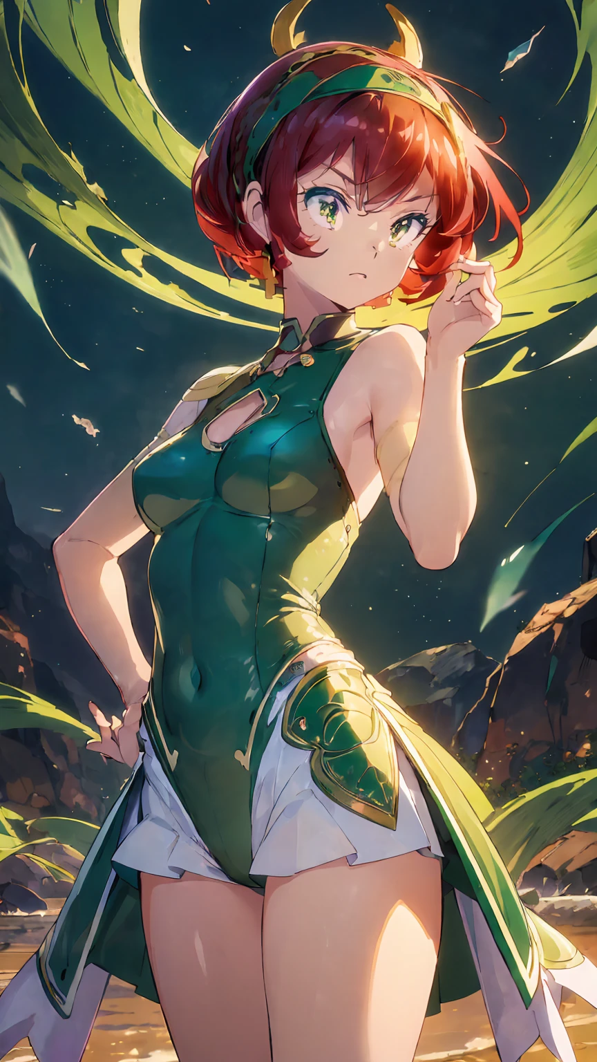 masterpiece, super high quality, beautiful detailed, very detailed, 4k, exquisite, high resolution, beautiful background, beautiful eyes, beautiful skin, score_9, score_8_up, score_7_up, source_anime, uruseiyatsura benten, benten, short hair, (green eyes:1.5), red hair, headband, breaking armor, , breaking outdoors, breaking looking at viewer, (cowboy shot:1.5), face focus, 1female, alone, (sassy pose), woman&#39;s whole body, full figure, angry, , ecstatic expression, erotic, attractive, charm, (muscular female slender body, clavicle, beautiful large breasts, beautifully chiseled abs , beautiful long legs), cameltoe, crevice, good hands, perfect anatomy, steam, riding on, looking at the viewer, 