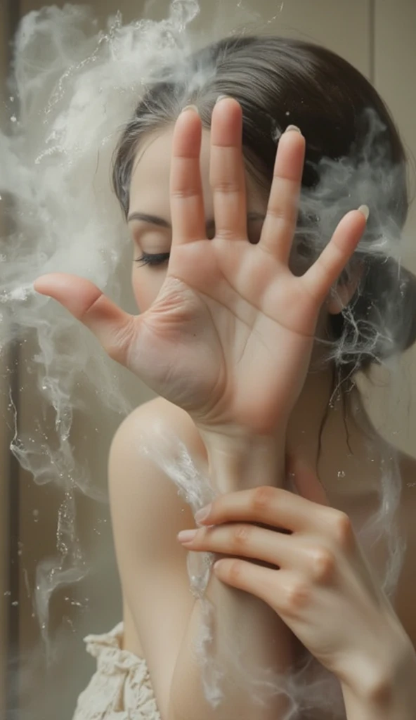 a handprint in the steam on the glass of a shower, photorealistic, perfect female handprint, beyond the shower the background is blurry