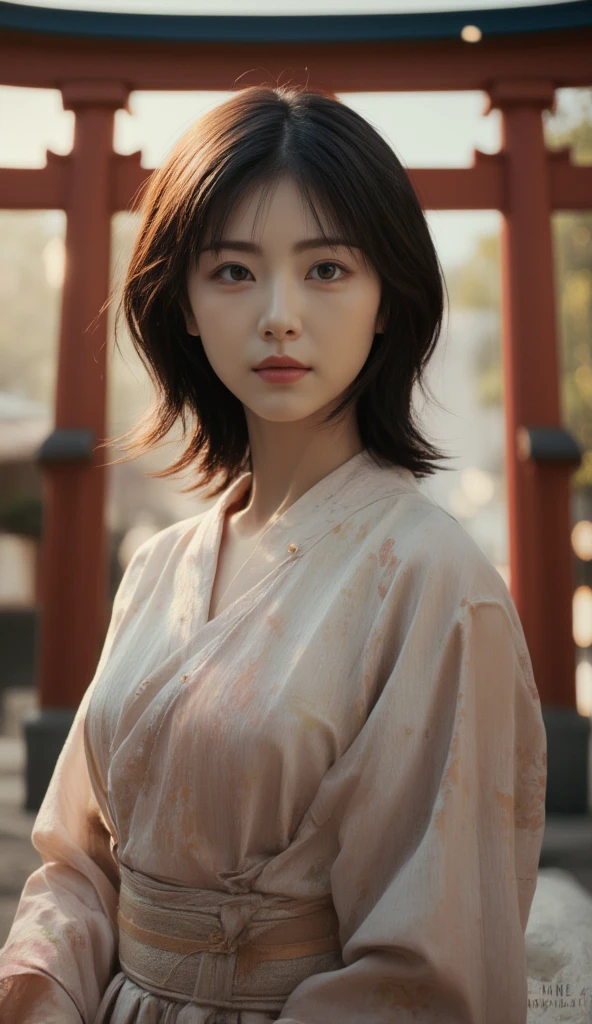 Close up of beautiful Korean woman, Inspired by Jiwon Kim, 34 inch chest size, Wearing a white luxury brand long-sleeved dress, short medium hair that frames the neck. waist line visible. sad expression. Bokeh Photos, Looking at the red glow of the sunset.uhd