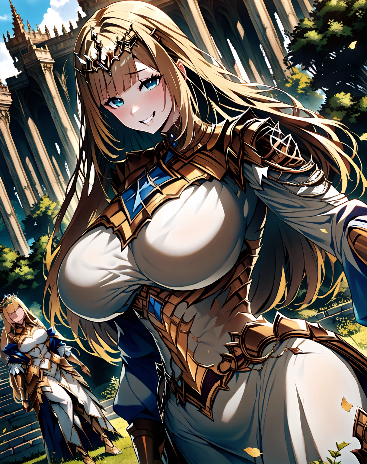 {{ upper body,  Dutch angle }} {{ artist: moisture_(Chichi)}} 1 female,  there are 2 security guards on each side holding her, 2 men in armor ,   Faceless Woman ,  mature woman,  elegant ,  princess,  big boobs,  straight hair , Blonde,  long hair, hime cut,  green eyes, white dress,  gold trim ,  tiara ,  Watching Viewers ,  grin ,  detained by 2 men ,  Faceless Man , Outdoors, garden, palace,