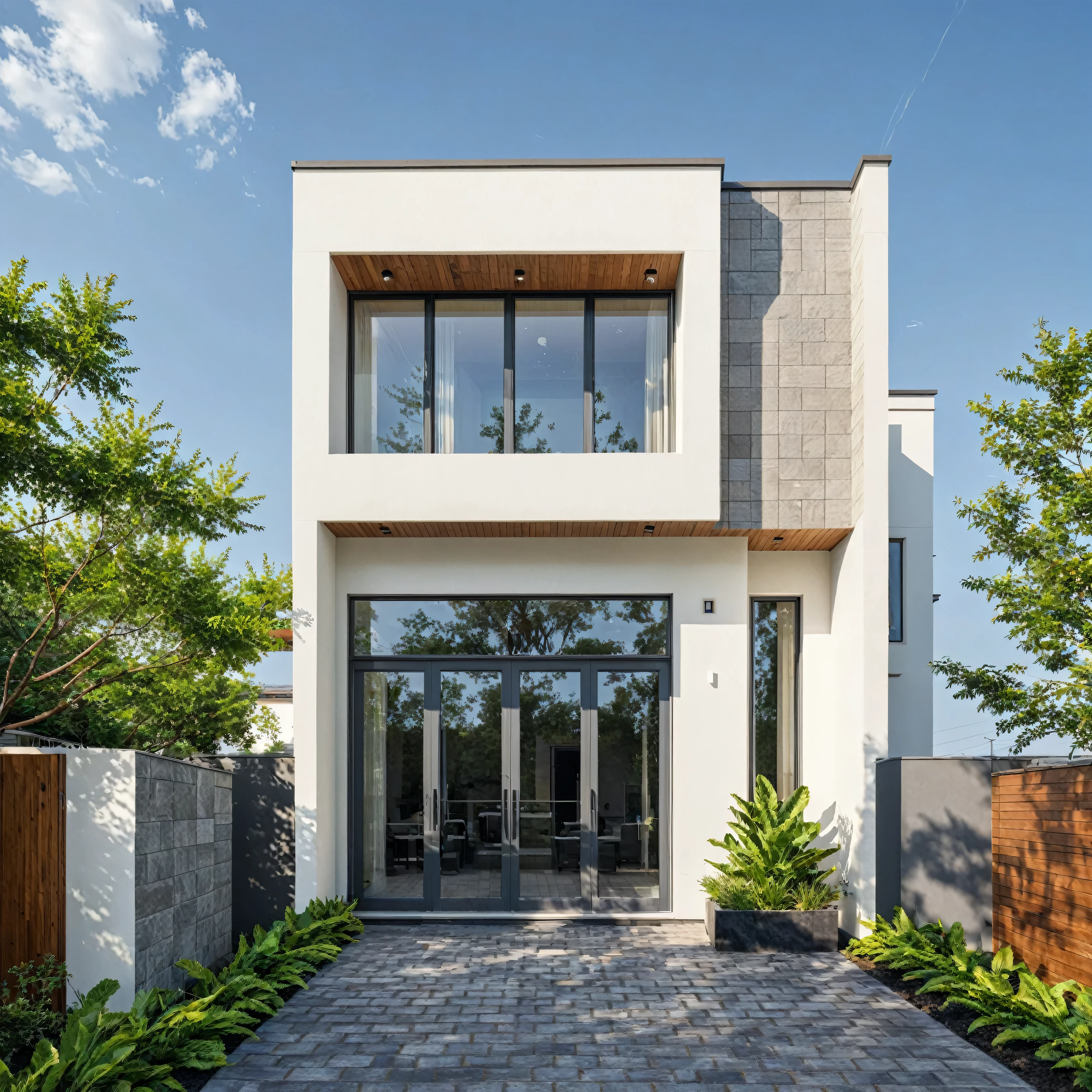 (masterpiece:1.2), best quality, photo of A two-story modern house with white walls and dark gray tiles on the roof., tree and plant, streetcapes, natural light, The exterior of an elegant single family home features large windows, ((a dark gray door frame)), ((dynamic light))