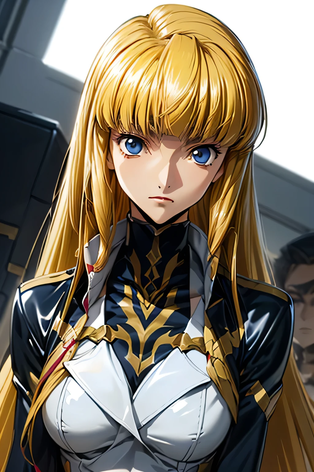  perfect anatomy　 top quality , Highest Resolution ,(((white latex military uniform with metallic luster　Shiny Blonde　Dark blue eyes)))　Code Geass　Monica　 long hair　 straight　expressionless　flat chest　woman　cool