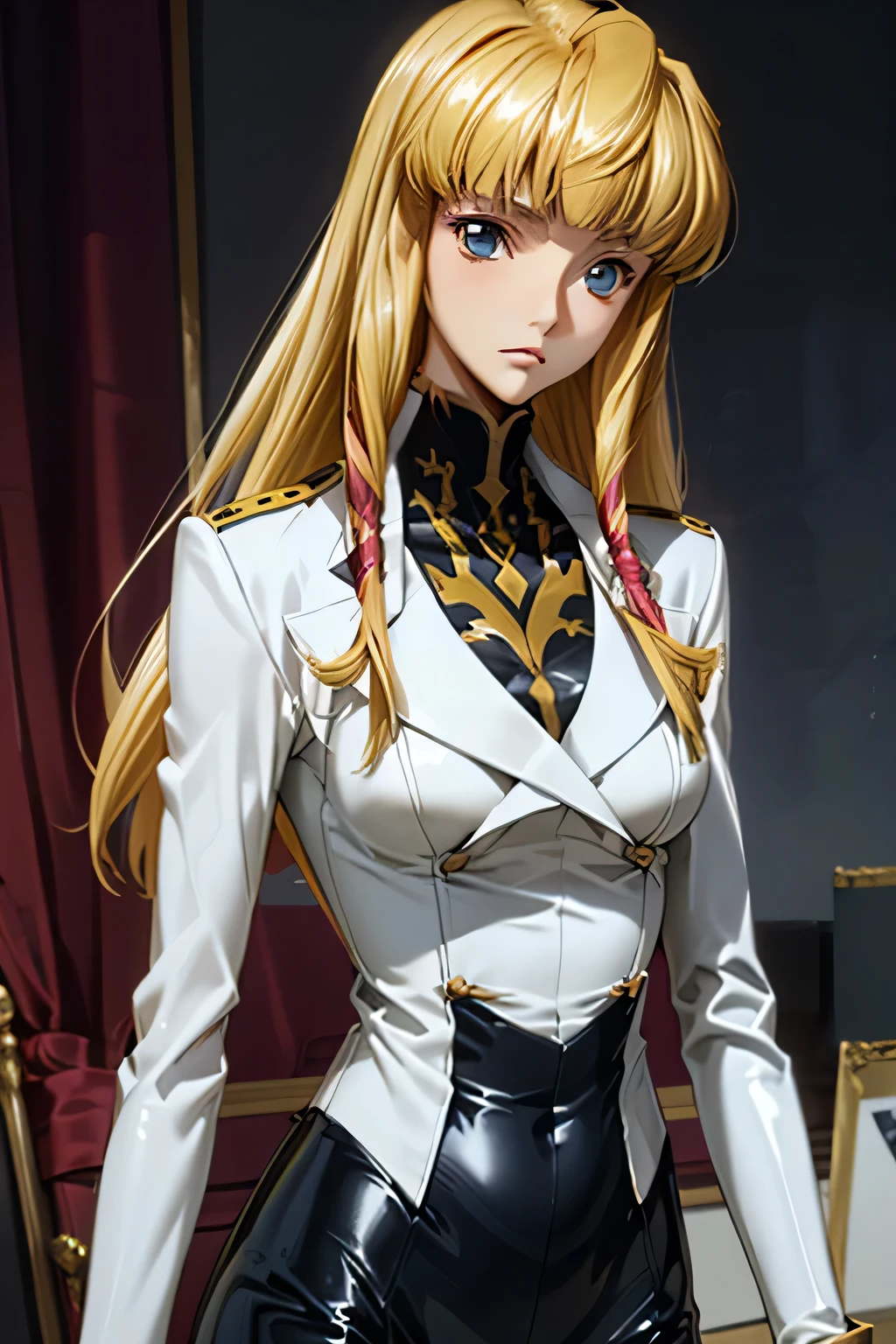  perfect anatomy　 top quality , Highest Resolution ,(((white latex military uniform with metallic luster　Shiny Blonde　Dark blue eyes)))　Code Geass　Monica　 long hair　 straight　expressionless　flat chest　woman　cool