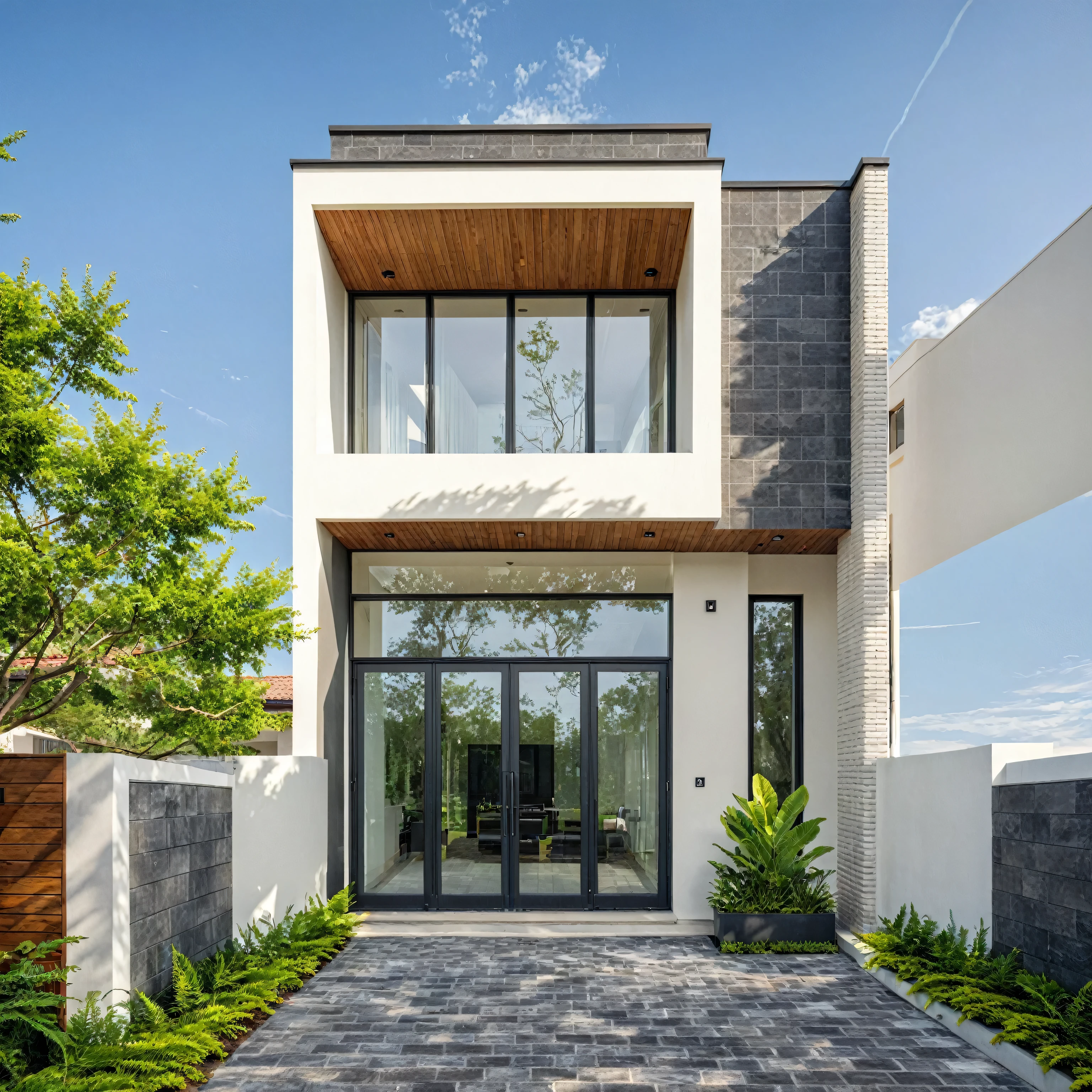 (masterpiece:1.2), best quality, photo of A two-story modern house with white walls and dark gray tiles on the roof., tree and plant, streetcapes, natural light, The exterior of an elegant single family home features large windows, ((a dark gray door frame)), ((dynamic light))