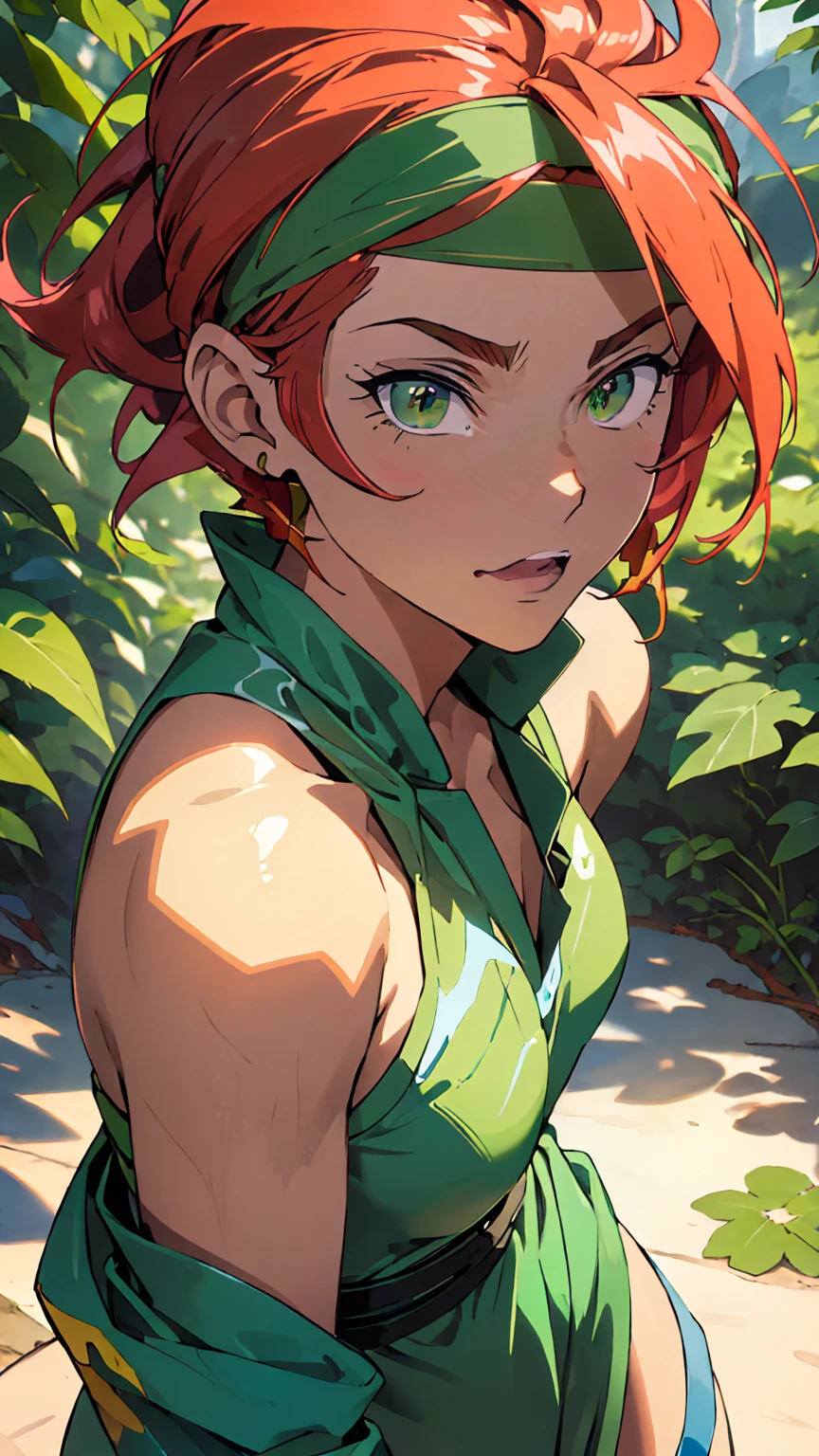 masterpiece, super high quality, beautiful detailed, very detailed, 4k, exquisite, high resolution, beautiful background, beautiful eyes, beautiful skin, score_9, score_8_up, score_7_up, source_anime, uruseiyatsura benten, benten, short hair, (green eyes:1.5), red hair, headband, breaking armor, , breaking outdoors, breaking looking at viewer, (cowboy shot:1.5), face focus, 1female, alone, (sassy pose), woman&#39;s whole body, full figure, angry, , ecstatic expression, erotic, attractive, charm, (muscular female slender body, clavicle, beautiful large breasts, beautifully chiseled abs , beautiful long legs), cameltoe, crevice, good hands, perfect anatomy, steam, riding on, looking at the viewer, 