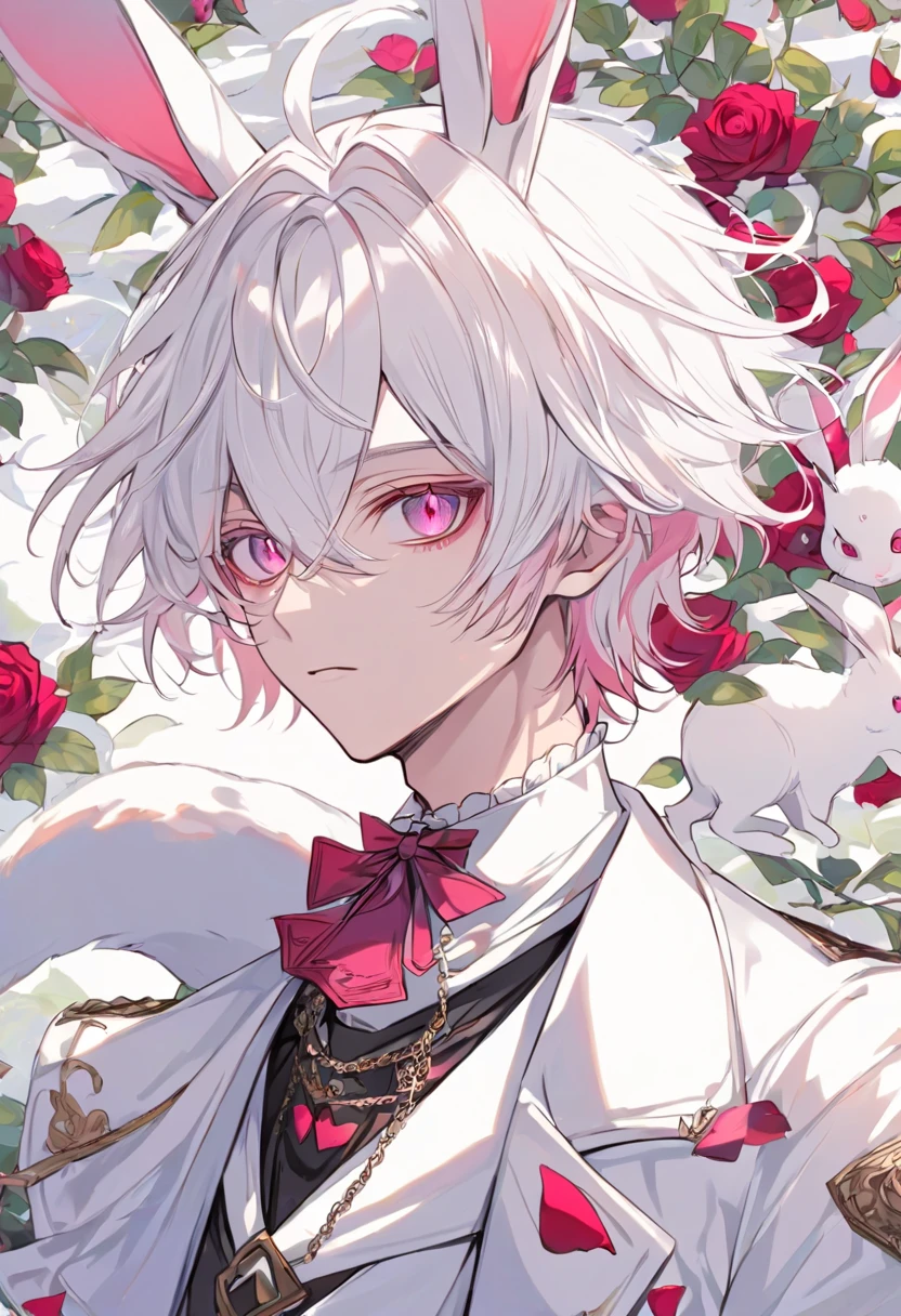 solo, handsome, 1 male, white coat, short hair, white hair, pink eyes, fantasy clothing, White rabbit, alice in wonderland