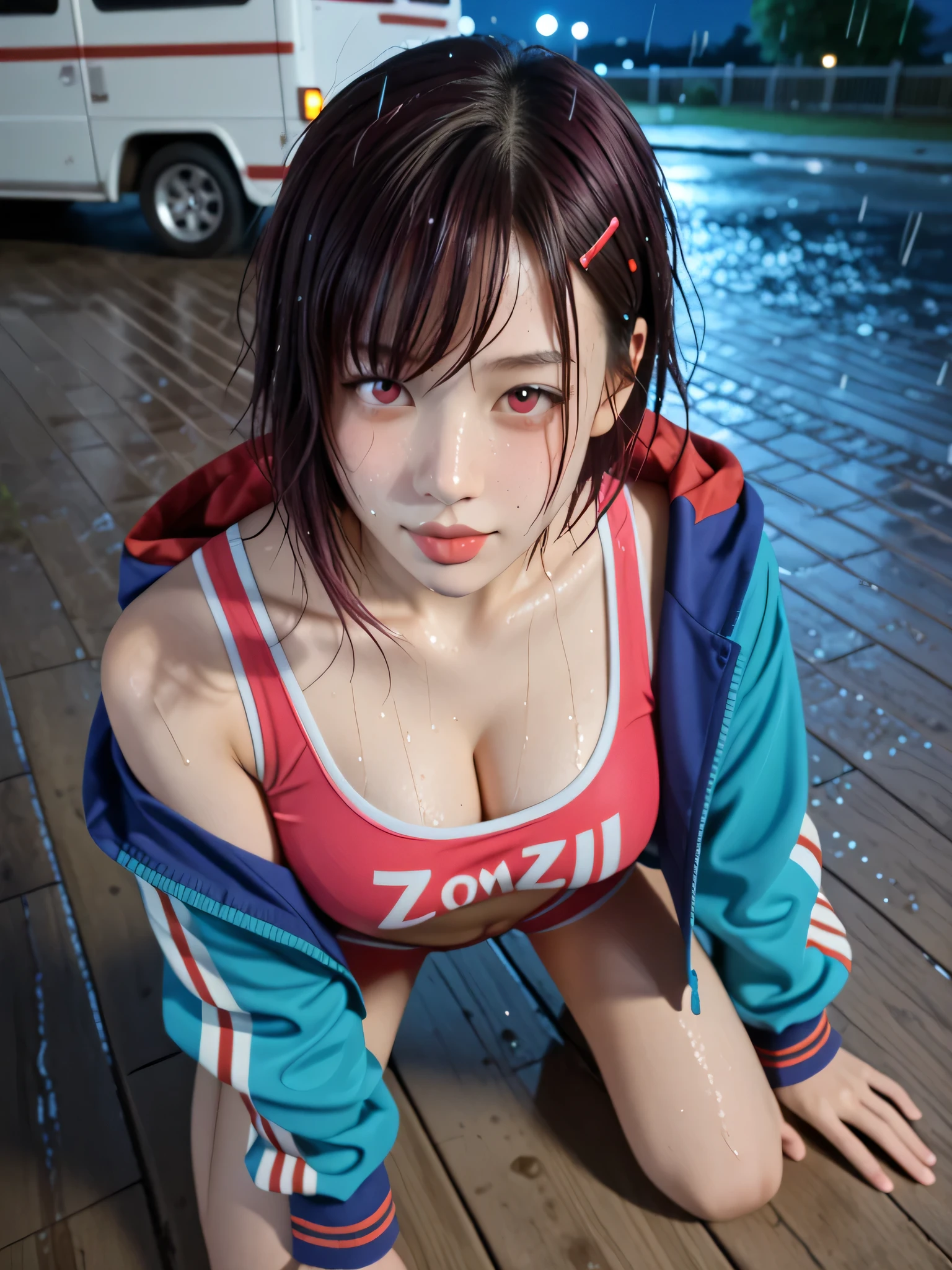 score_9, score_8_up, score_7_up, source_photo,
realistic,photo, dramatic shadows, dynamic angle, (wet sports bra:1.3), shizukamikazuki, shizuka mikazuki, short hair, dark purple hair, hair ornament, hairclip, pink eyes, swept bangs, navel, cleavage, jacket, open clothes, midriff, hood, open jacket, blue jacket, hooded jacket, sports bra, hood down, indoors, (inside house:1.3), country, (rural:1.3), (((zombies))), ((zombies:1.6)), night, dark, shadow, night sky, backlighting, depth of field, (((horror))), grabbing, shorts, perspective, sharp focus, Detailed face, big breasts, large breasts, ((solo)), busty, ((1girl)), beautiful breasts, beautiful ass, dynamic angle, cute face, ((perfect fingers)), (((night))), ((((soaked)))), drenched, ((((wet hair:1.3)))), ((((wet face:1.3)))), ((((dripping wet:1.3)))), (rain:1.6), (night:1.6), (((seductive pose))), (((sexy pose))), ((((surrounded by zombies)))), (((kneel))), doggy style, (((all fours with legs spread apart))), dark background, ((camper van)), (From above:1.6), ((happy)), ((energetic)), (((sensual vibe))), ((((feeling pleasure)))), (((close up))), nipples, (((close up))), (((tongue out))),