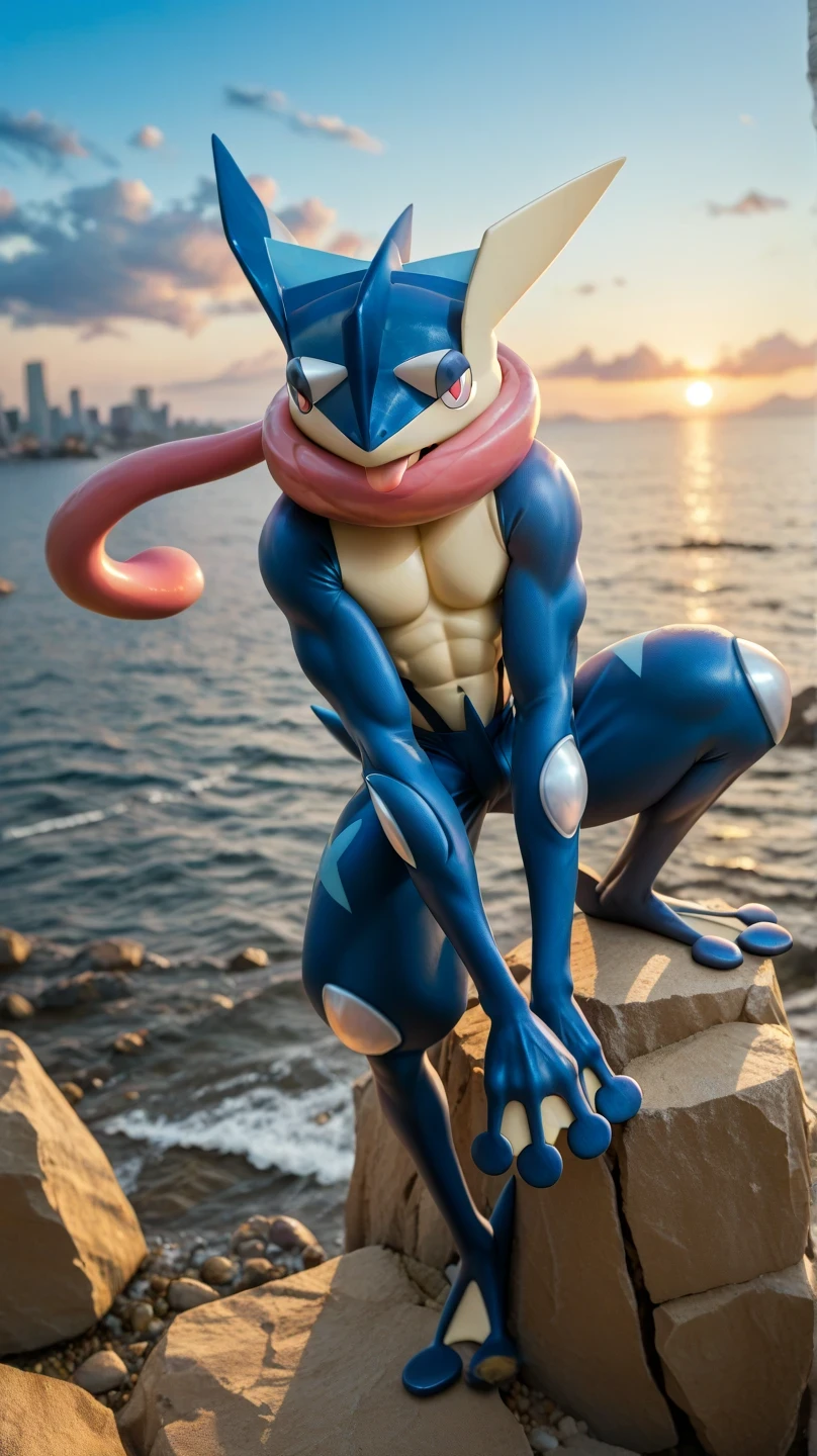 (     masterpiece,      better quality:1.2),alone,greninja male    \(pokemon\),pokemon \(creature\),     full body,         there are no humans,     extended arms    ,      blue skin     ,       pants looking at the spectator ,blue sky,  posture:  on two legs   ,    straight legs , husky, husky, salivating,   seductive look  , marked muscles, Greninja's Larga Tongue, posture de espaldas