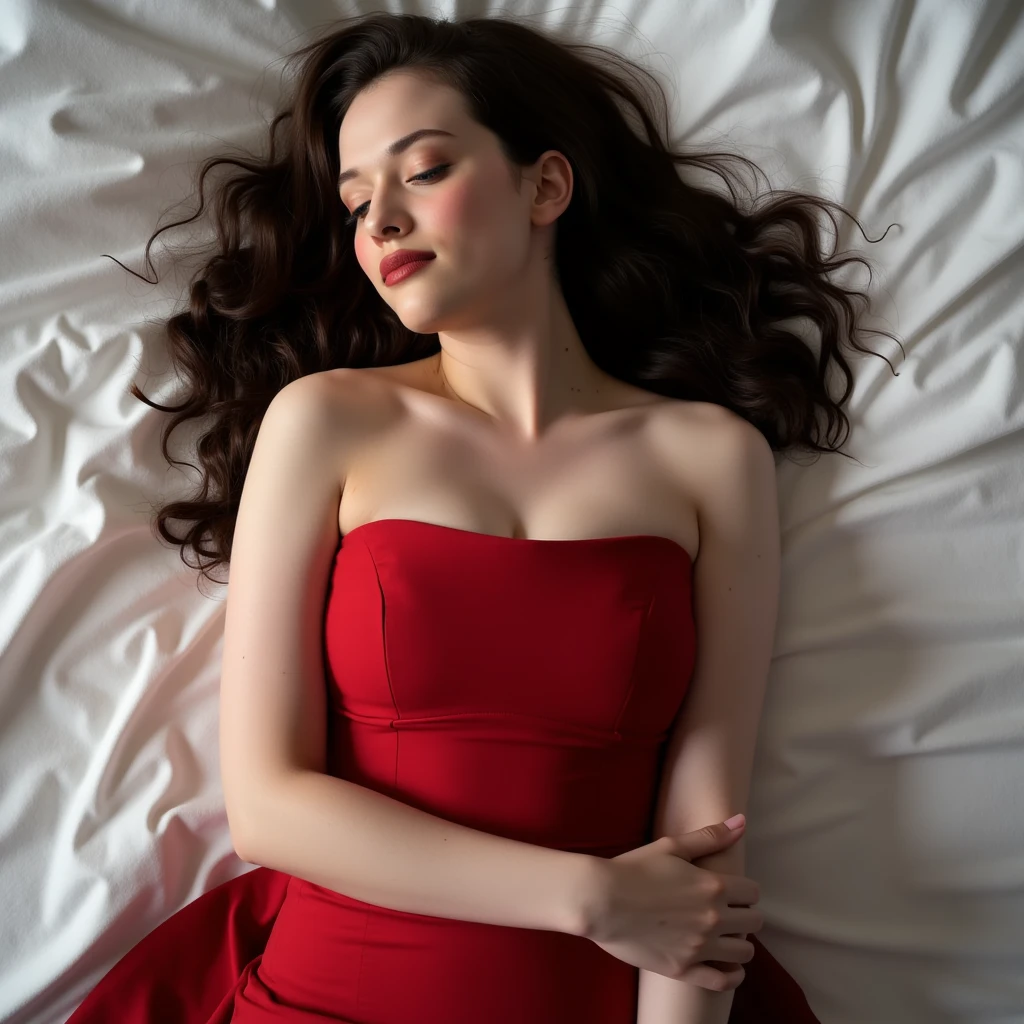 Kat Dennings, picture from above, lying limp on a bed with white sheets on back, red strapless dress, sleeping, closed eyes, head tilt, mouth slightly open, loose arms