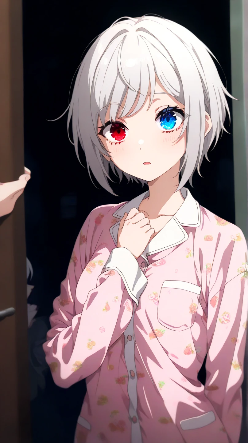 auto-destructive art, 1girl,solo focus, creepy kawaii, anime vibes, Short hair, silver-white hair with a slightly messy style and side-swept bangs.Heterochromia iridis),(left eye,Red eyes),(right eye,blue eyes), half body detailed, pajamas, 