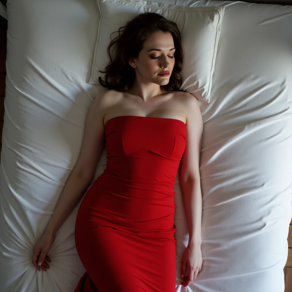 Kat Dennings, picture from above, lying limp on a bed with white sheets on back, red strapless dress, sleeping, closed eyes, head tilt, mouth slightly open, loose arms