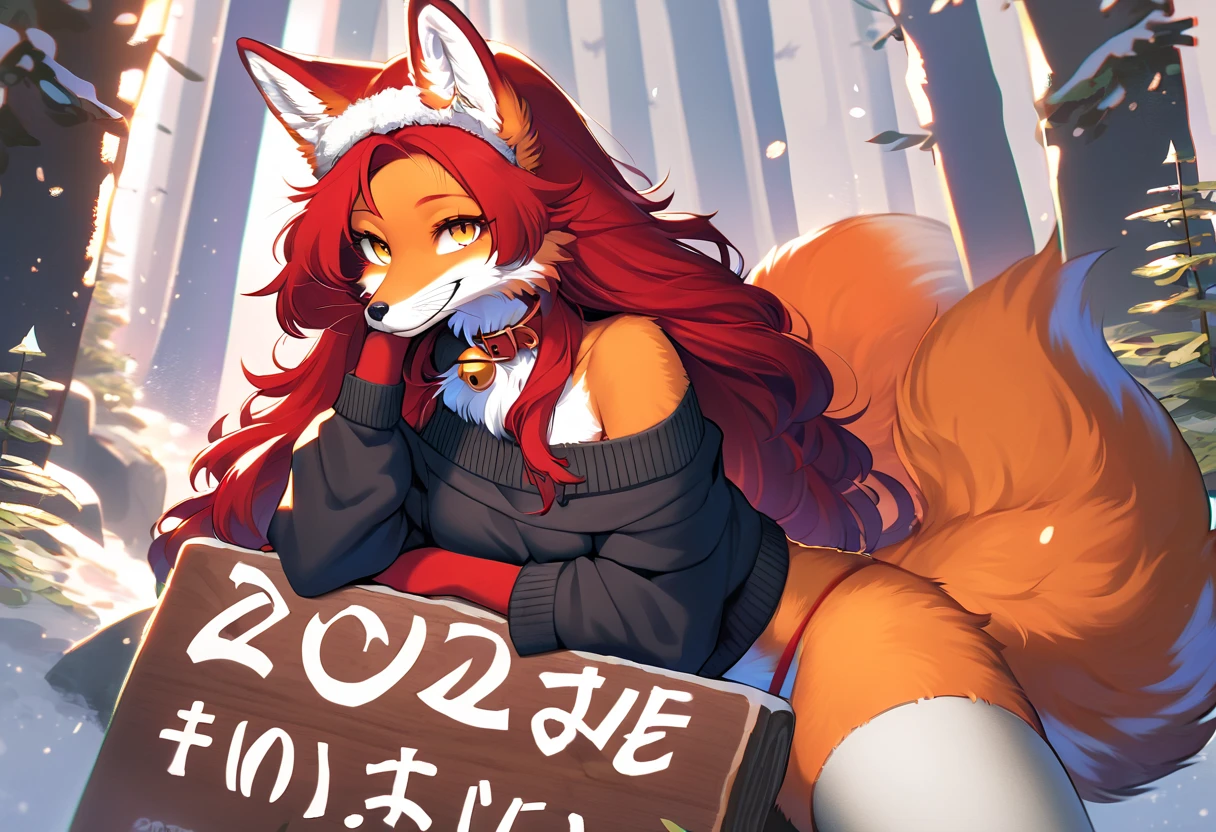 full body、Solo、score_9、 score_8_up、 score_7_up、unpralleled masterpiece、perfect artwork、highres、Elegant、Mysterious、Detailed、 Beautiful、Voluptuous、moody atmosphere、fox、kitsune、cute vixen、anthro、orange fur、(kemono、furry anthro)、(long hair、beautiful hair、dark scarlet red hair)、yellow eyes、(tuft of fur)、(digitigrade、claws、fox paws、exposed feet)、(foxy whiskers)、fluffy tail、(heavily shaded orange body、dark black shading on body)、(light smile、soft smile、smiling cutely)、wearing (Black simple stylish thigh highs、Black crop off shoulder sweater、Collar with gold bell、christmas hat)、(in a forest、boulder)、looking at viewer with adoration、on knees、on a boulder、(wooden sign that reads "2025")