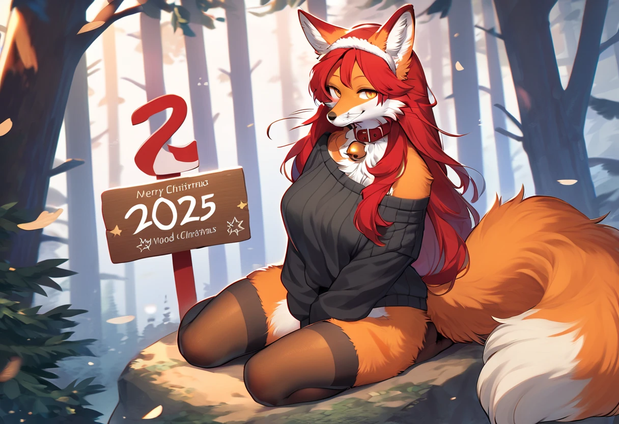 full body、Solo、score_9、 score_8_up、 score_7_up、unpralleled masterpiece、perfect artwork、highres、Elegant、Mysterious、Detailed、 Beautiful、Voluptuous、moody atmosphere、fox、kitsune、cute vixen、anthro、orange fur、(kemono、furry anthro)、(long hair、beautiful hair、dark scarlet red hair)、yellow eyes、(tuft of fur)、(digitigrade、claws、fox paws、exposed feet)、(foxy whiskers)、fluffy tail、(heavily shaded orange body、dark black shading on body)、(light smile、soft smile、smiling cutely)、wearing (Black simple stylish thigh highs、Black crop off shoulder sweater、Collar with gold bell、christmas hat)、(in a forest、boulder)、looking at viewer with adoration、on knees、on a boulder、(wooden sign that reads "2025")