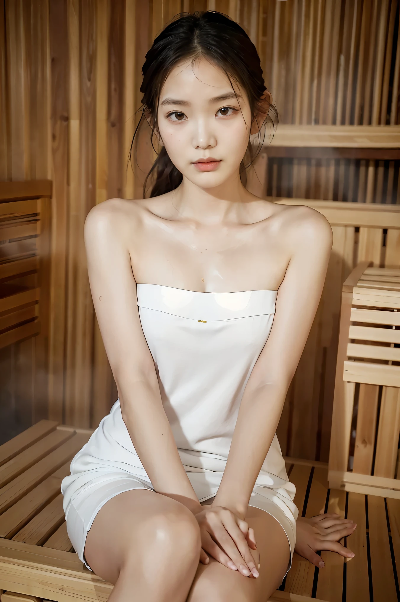 Highest quality,Buckshot,woman,Sauna room,blunt bangs,Black Hair,Short Crop Hair,Hair is wet,Sweating,With big eyes、Deep blue,Bright、Has a lively expression,Healthy and bright skin tone,Small mouth,Thick lips,,whole body,Big Breasts,The thighs are a little thicker,Looking at the camera,Cinema Lighting,No eye shadow needed,Wrapping a bath towel around your body,The chest area is wide open,