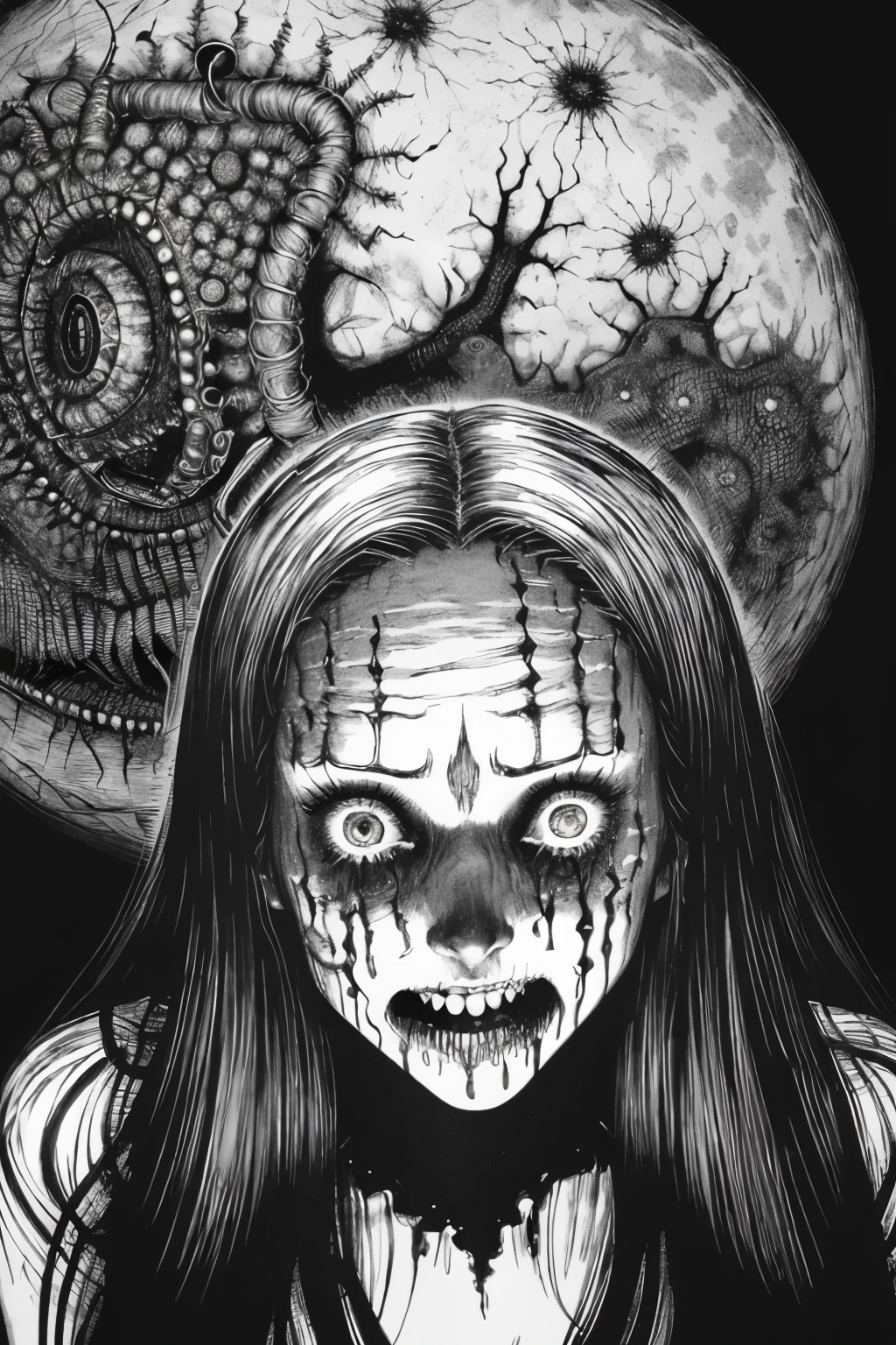 a drawing of a woman, creepy, nightmare, intricate details, hyperdetailed, cinematic, dark shot, muted colors, film grainy, soothing tones, muted colors, technicolor, by junji ito