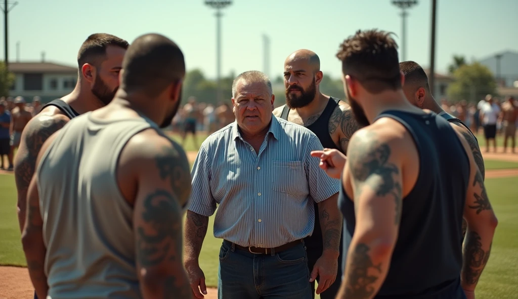 shot of a arafed rugby player , day is beautiful ,stand with short hair and a muscular, he is shirtless gigant hairy chest. He is being pushed onto the field by his teammates. The player is shirtless only in jockstrap , olmost naked , His teammates laufing are surrounding him, removing his clothes and touching his body parts. The background is a rugby field with grass and a white line. The lighting is bright ,