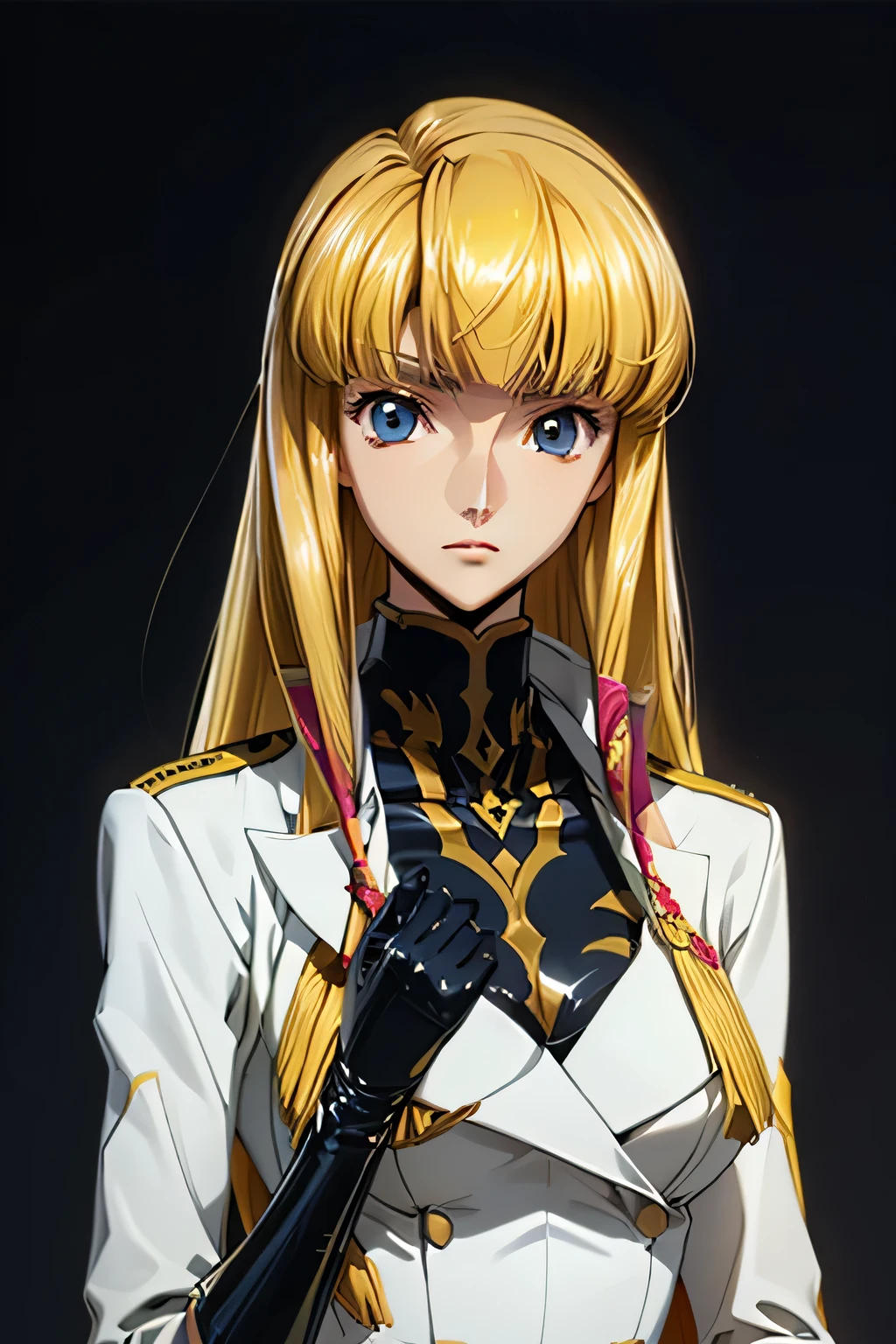 perfect anatomy top quality , Highest Resolution ,(((white latex military uniform with metallic luster Shiny Blonde Dark blue eyes))) Code Geass Monica long hair straight expressionless flat chest woman cool