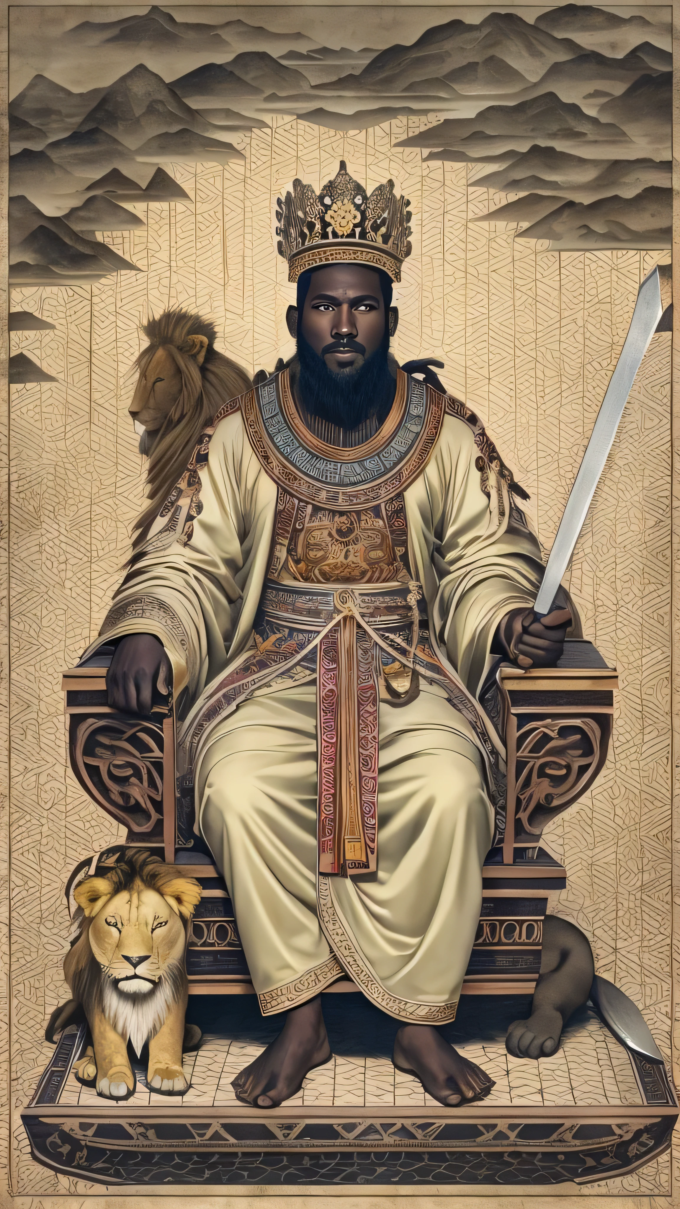 Capturing the true essence of XanGo, a 32-year-old man and black skin depicting a figure((  sitting on the throne,Stone,)) Temple of the Sea, and((( His faithful lion))) next to his throne adorned and majestic robes and a crown, Short hair that radiates authority and wisdom. Colored clothes ((((Red and White, )))((( and a two-sided axe in hand)))