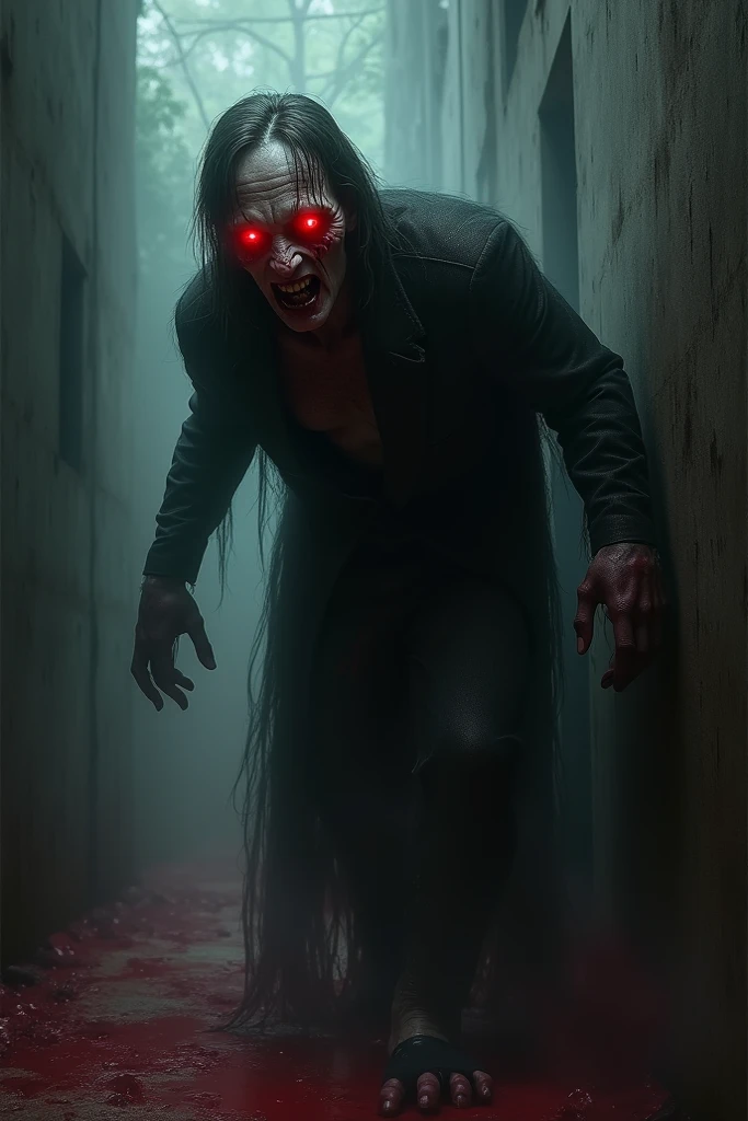 Scary -- Mixture of man and demon -- humanoid -- Thin body, strong and very tall -- Long hair, smooth ass, black and messy -- Smiling madly, disproportionately wide smile, sharp teeth with blood dripping -- dark gray skin -- wide eyes, completely red, bright -- Blood running from the eyes -- Long arms, long sharp nails -- Black colored wizard robe, Short sleeves -- Black background with red light coming from behind it, blood splattered, Red smoke
((4k image quality, HDR, face detailed, detailed clothing, detailed scenery))