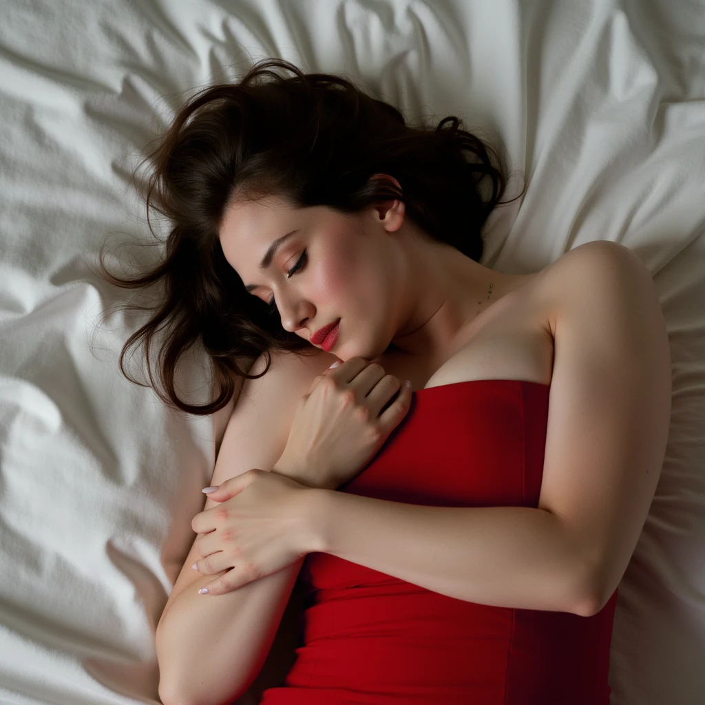 Kat Dennings, picture from above, lying limp on a bed with white sheets on back, red strapless dress, sleeping, closed eyes, head tilt, mouth slightly open, loose arms