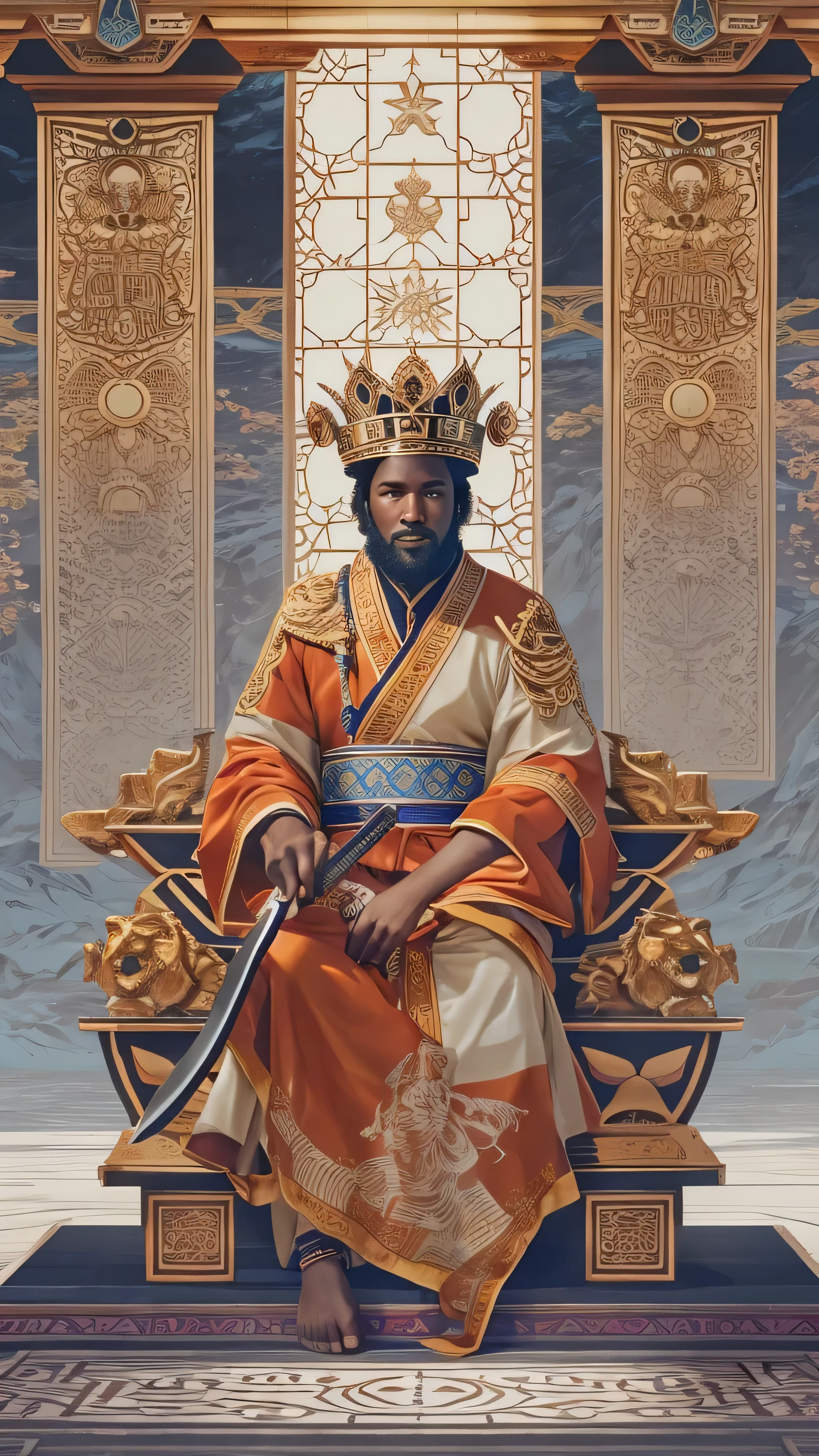 Capturing the true essence of XanGo, a 32-year-old man and black skin depicting a figure((  sitting on the throne,Stone,)) Temple of the Sea, and((( His faithful lion))) next to his throne adorned and majestic robes and a crown, Short hair that radiates authority and wisdom. Colored clothes ((((Red and White, )))((( and a two-sided axe in hand)))