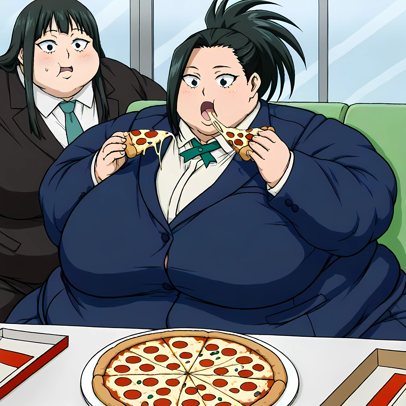 score_9, score_8_up, score_7_up, source_anime, yaoyorozu momo, long hair, bangs, black hair, ponytail, high ponytail, wide ponytail, face focus, open mouth, eating, pizza, fat, chubby, obese, gigantic arms and legs, large breasts open mouth, out of breath, sitting, business suit,