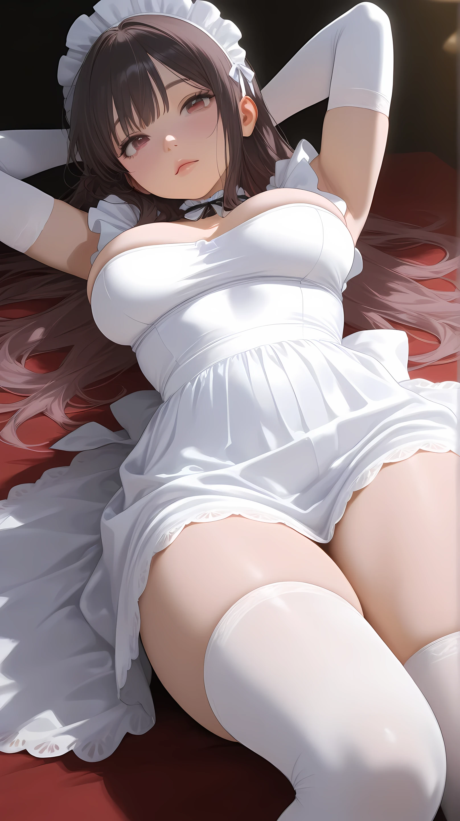  A girl,  medium breasts, Japanese smelly eyes, fringe,  elbow length gloves,  knee-high socks, Realistic lights,  detailed eyes ,  Athletic body, Wearing a short white maid dress,  big boobs,  long hair,  thick legs , short woman ,  Sensual Pose, art with outline,  open legs , close, View under the dress, lying down, close up of breasts