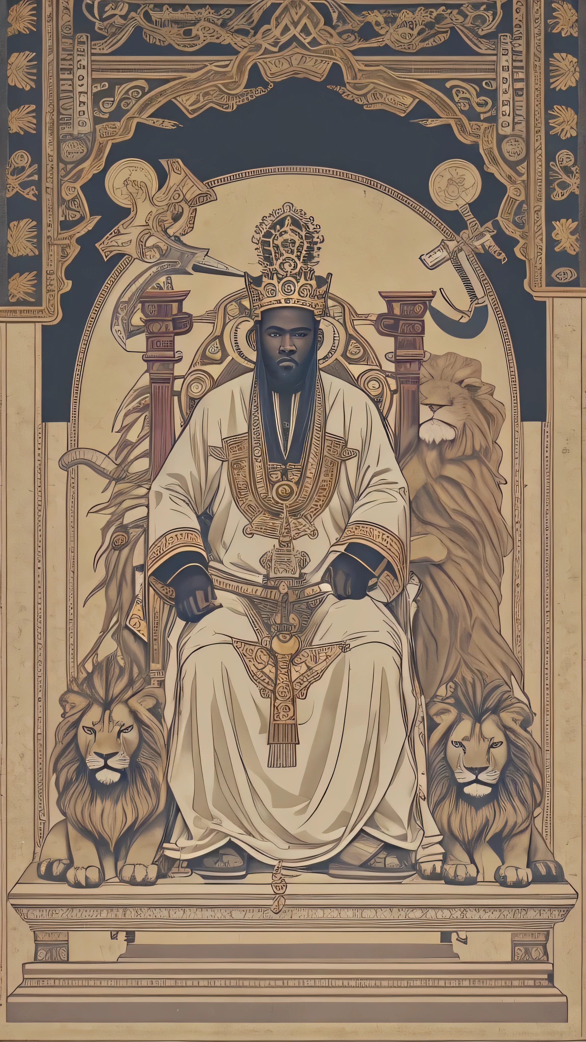 Capturing the true essence of XanGo, a 32-year-old man and black skin depicting a figure((  sitting on the throne,Stone,)) Temple of the Sea, and((( His faithful lion))) next to his throne adorned and majestic robes and a crown, Short hair that radiates authority and wisdom. Colored clothes ((((Red and White, )))((( and a two-sided axe in hand)))