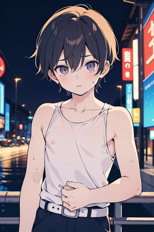  high resolution, masterpiece, Best quality and best,最 High Quality , High Quality ,  high definition ,  anime style ,  1 boy, erection, teenager ,  Hug,  pretty face , Shota, young boy,  upper body裸,  Bare Shoulder ,  upper body, belt, ,  handsome,  Cute Boy , 超 high resolution, Bokeh, sweat