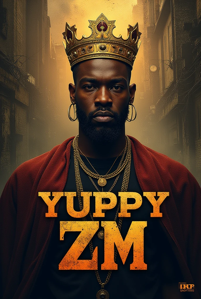 A music art with Yuppy Zm name on it, the background should represent a tough journey. Design the Yuppy Zm with a kingly look. Don't include the photo of any person. Just the words "Yuppy Zm"