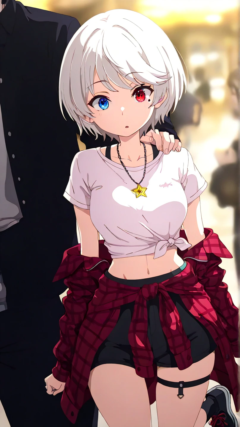 auto-destructive art, 1girl,solo focus, creepy kawaii, anime vibes, Short hair, silver-white hair with a slightly messy style and side-swept bangs.Heterochromia iridis),(left eye,Red eyes),(right eye,blue eyes), half body detailed, Top:
Type of Clothing: A loose-fitting, long-sleeve crop top in white.
Design Details: It reveals the waist slightly,
Accessory: A necklace with a gold star-shaped pendant hanging from the neck.
 Bottoms:
Shorts: Tight black shorts with a modern cut.
Details: Features white elastic straps connecting the shorts to a garter-style strap on the right thigh.
Additional Outerwear:
Type of Clothing: A red quilted flannel shirt or lightweight jacket tied casually around the waist.
 Shoes:
Type: Black sneakers with red laces.
 Additional Accessories:
Waist: A small metal chain hanging on the right side.
Right Thigh: An elastic garter-style strap, adding a futuristic and edgy look.
Physical Characteristics:
Hair: Short, silver-white hair with a slightly messy style and side-swept bangs.
Eyes: 
Heterochromia iridis),(left eye,Red eyes),(right eye,blue eyes),
General Vibe:
Background Color: Soft pastel pink to highlight a youthful, relaxed, and modern aesthetic.