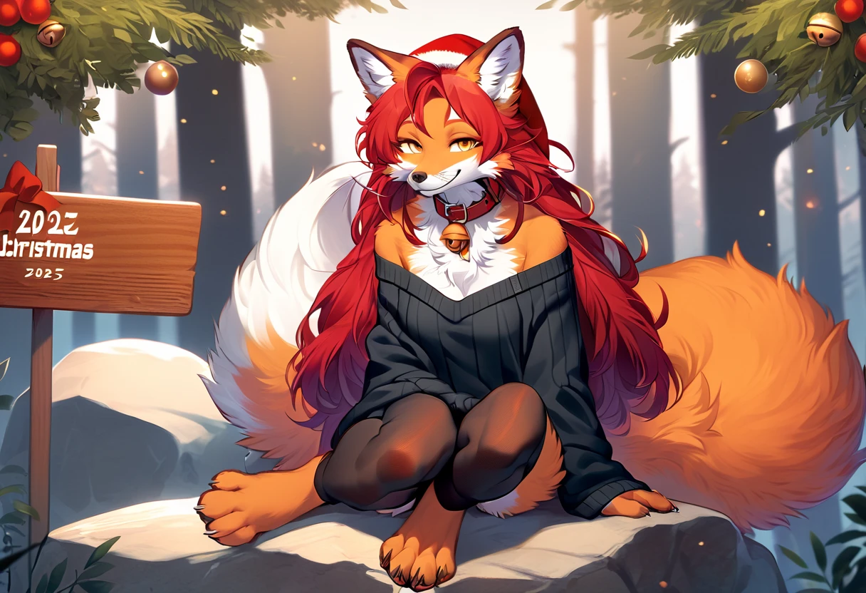 full body、Solo、score_9、 score_8_up、 score_7_up、unpralleled masterpiece、perfect artwork、highres、Elegant、Mysterious、Detailed、 Beautiful、Voluptuous、moody atmosphere、fox、kitsune、cute vixen、anthro、orange fur、(kemono、furry anthro)、(long hair、beautiful hair、dark scarlet red hair)、yellow eyes、(tuft of fur)、(digitigrade、claws、fox paws、exposed feet)、(foxy whiskers)、fluffy tail、(heavily shaded orange body、dark black shading on body)、(light smile、soft smile、smiling cutely)、wearing (Black simple stylish thigh highs、Black crop off shoulder sweater、Collar with gold bell、christmas hat)、(in a forest、boulder)、looking at viewer with adoration、on knees、on a boulder、holding a wooden sign in hands that reads "2025"