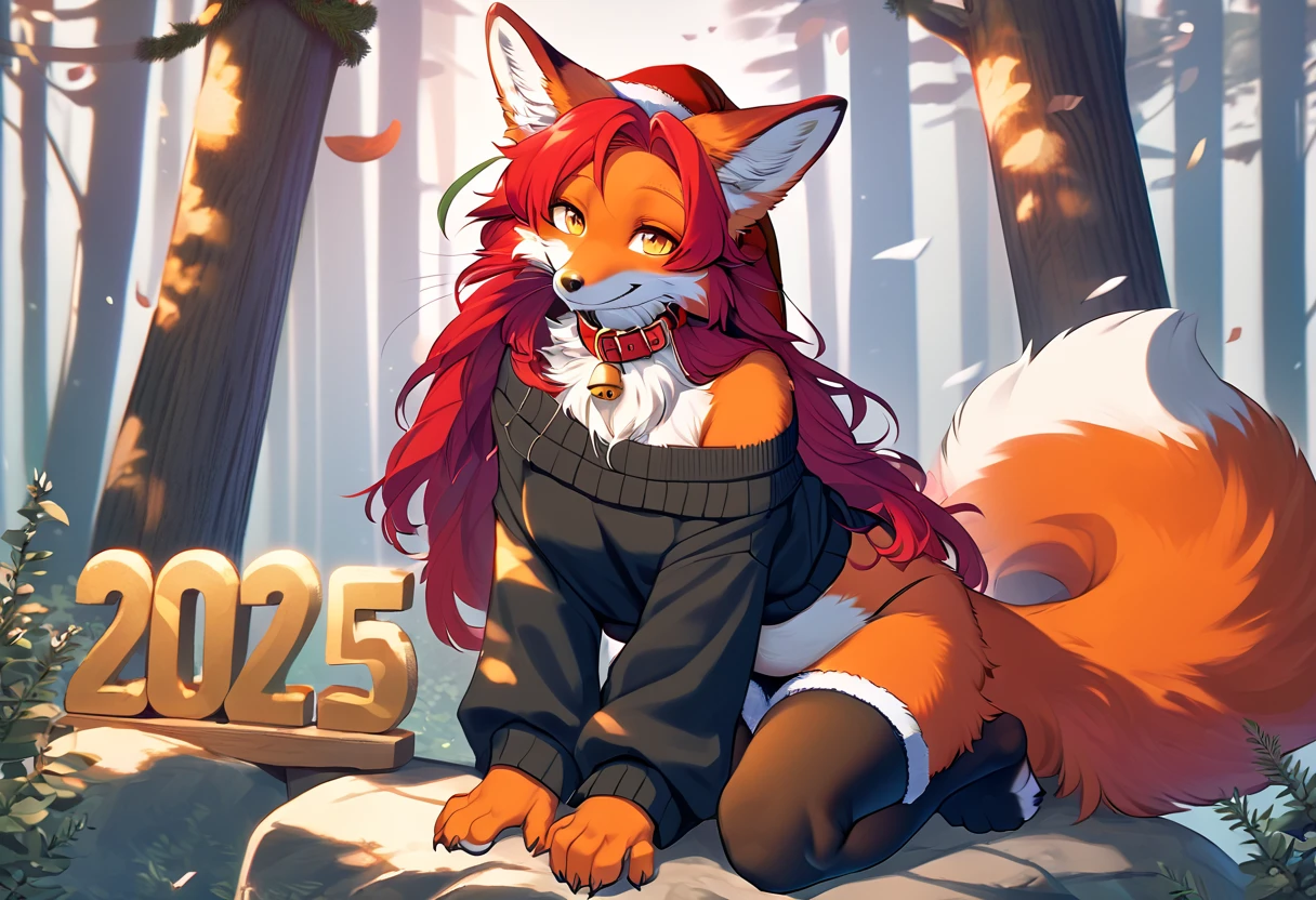 full body、Solo、score_9、 score_8_up、 score_7_up、unpralleled masterpiece、perfect artwork、highres、Elegant、Mysterious、Detailed、 Beautiful、Voluptuous、moody atmosphere、fox、kitsune、cute vixen、anthro、orange fur、(kemono、furry anthro)、(long hair、beautiful hair、dark scarlet red hair)、yellow eyes、(tuft of fur)、(digitigrade、claws、fox paws、exposed feet)、(foxy whiskers)、fluffy tail、(heavily shaded orange body、dark black shading on body)、(light smile、soft smile、smiling cutely)、wearing (Black simple stylish thigh highs、Black crop off shoulder sweater、Collar with gold bell、christmas hat)、(in a forest、boulder)、looking at viewer with adoration、on knees、on a boulder、(wooden sign that reads "2025")