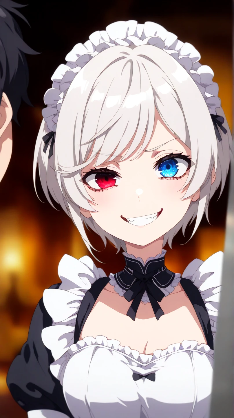 auto-destructive art, 1girl,solo focus, creepy kawaii, anime vibes, Short hair, silver-white hair with a slightly messy style and side-swept bangs.Heterochromia iridis),(left eye,Red eyes),(right eye,blue eyes), half body detailed, maid outfit, half body detailed, evil smile, angry face, smile fake. 