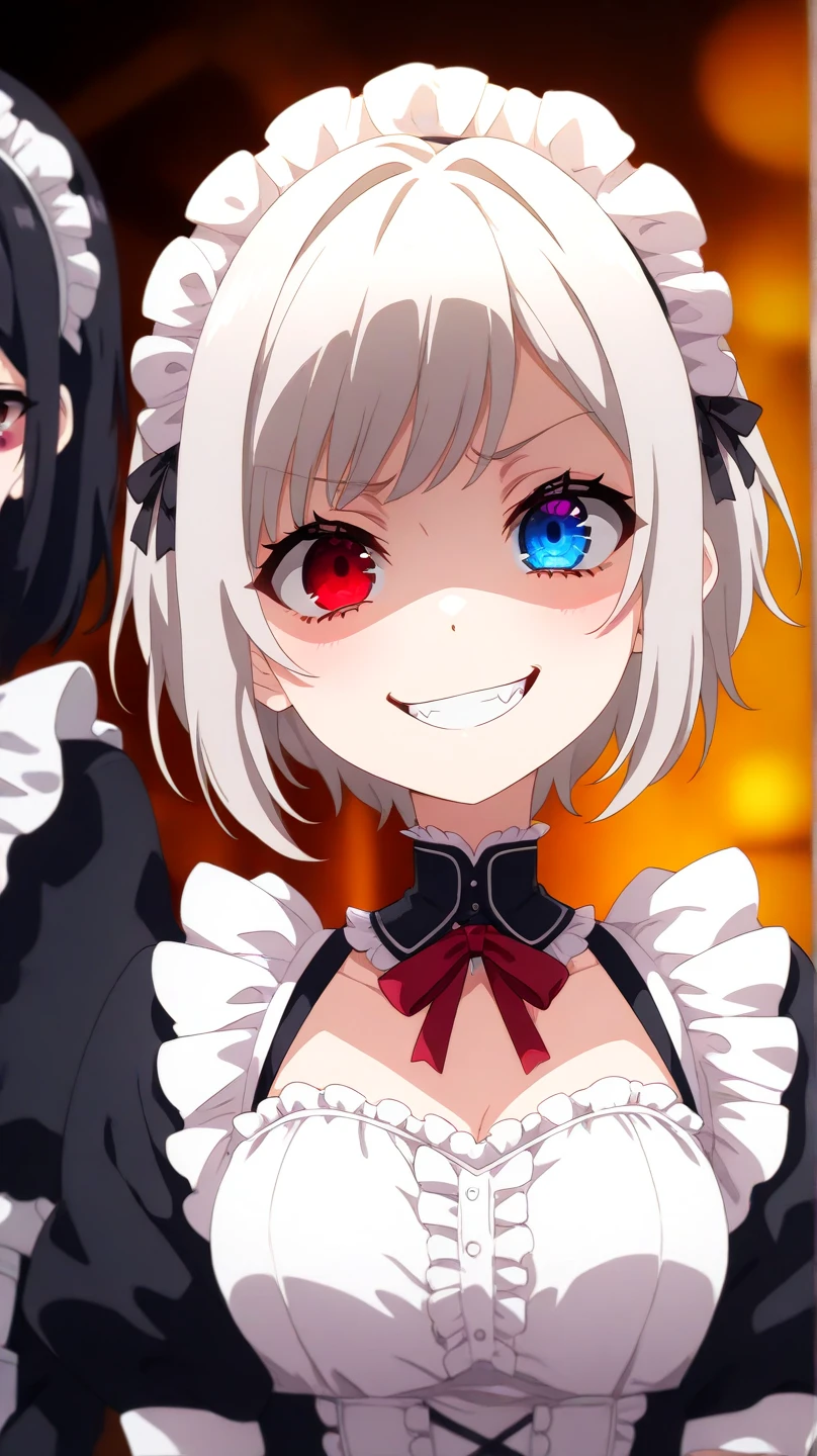 auto-destructive art, 1girl,solo focus, creepy kawaii, anime vibes, Short hair, silver-white hair with a slightly messy style and side-swept bangs.Heterochromia iridis),(left eye,Red eyes),(right eye,blue eyes), half body detailed, maid outfit, half body detailed, evil smile, angry face, smile fake. 