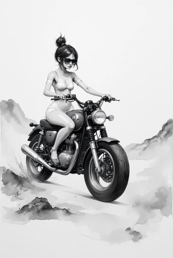 a drawing of a woman in a bikini sitting on a motorcycle, motorcycle concept art, motorcycle, motorbiker, sitting on a motorcycle, commission for high res, artist sketch, drawn in the style of mark arian, fine art sketch, art sketch, high quality sketch, sketch style, motorcycles, drawn in the style of artgerm, inspired by José Comas Quesada