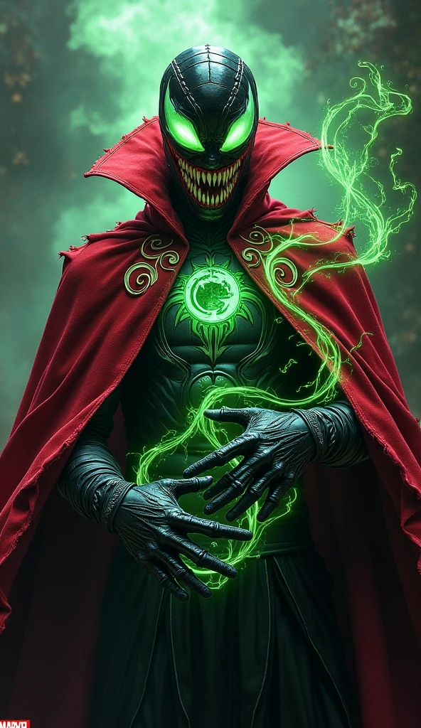 spawn, glowing, red cape, male focus, green eyes, solo, skull, monster, teeth, green fire, intricate details, masterpiece, absurdres, best quality <lora:spawn:0.9>