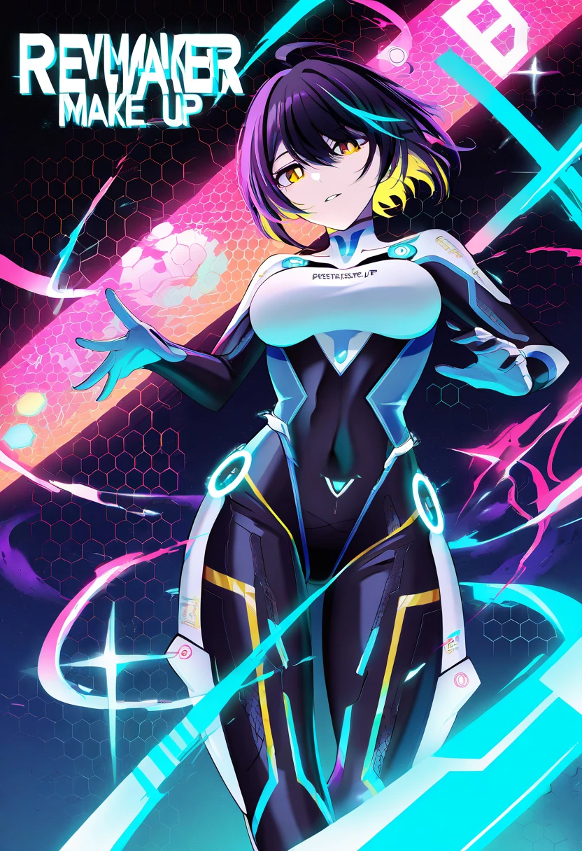 Generate an anime-style image based on the following requirements:
A young male character in a futuristic, sleek sportswear design, depicted in motion as he runs while interacting with a holographic, air-projected interface. The character has a calm, collected expression that radiates focus and determination, emphasizing efficiency and cutting-edge technology. The overall design should incorporate dynamic lighting, vibrant colors, and detailed anime aesthetics.

The outfit combines anime-inspired sharp lines and vibrant textures, featuring white and blue as primary colors with metallic silver and neon yellow accents. The chest and arms display the "REVMAKER" logo along with intricate AI-inspired digital patterns. The sportswear is form-fitting with glossy, flowing materials that shift dynamically with the character’s movement. One arm has a cybernetic, mechanical design, while the body projects glowing holographic statistics and graphs, visually tying into themes of data-driven analysis and futuristic marketing.

The gadget is an air-projection device with a striking holographic interface, where glowing symbols, data lines, and dynamic lights stream and ripple as the character interacts with it. The background is a detailed anime-style blend of a "digital city" and "analog space," with floating holograms, futuristic buildings, and animated elements. Ground effects include glowing, pulsating digital trails that expand with every step the character takes, emphasizing speed and energy. The "REVMAKER" slogan is prominently displayed as a holographic projection, animated with flowing light effects for a high-tech, immersive atmosphere.

Key Anime-Style Details:
Age: 16–20 years old, with sharp, youthful anime-style features.
Hairstyle: Short, dynamic, and windswept, emphasizing motion.
Expression: Calm and determined, with focused anime-style eyes.
Outfit: Glossy, futuristic sportswear with a flowing, lightweight design.
Lighting Effects: Neon highlights and anime-style 