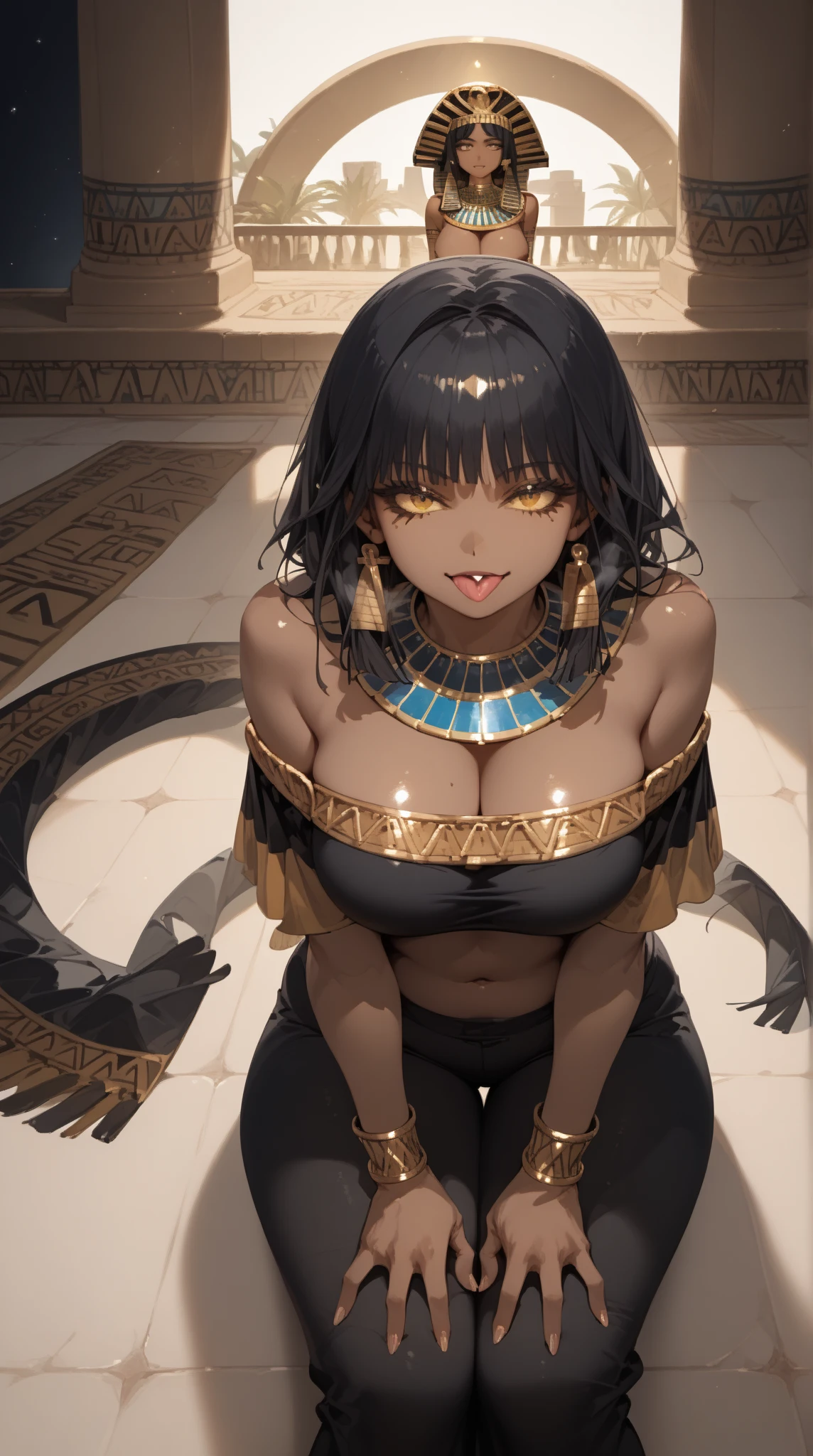 (masterpiece,   high resolution, 2K resolution,    very detailed), Front View,  high angle, (   one girl  ,  perfect face), (    beautiful girl ), (Ancient Egyptian Girl :1.5 ), Big Breasted ,    off-shoulder shirt ,     sitting on the floor  ,  Ahehe  ,   protruding  {x} tongue,    sweated,  excited, (  talk passionately about love in space language:1.2),  Clap with your palm  , Bulging trousers、(( oily skin , Dark skin color、 steam))