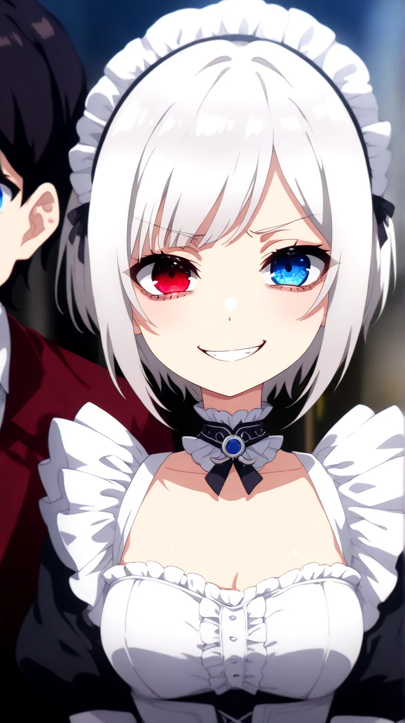 auto-destructive art, 1girl,solo focus, creepy kawaii, anime vibes, Short hair, silver-white hair with a slightly messy style and side-swept bangs.Heterochromia iridis),(left eye,Red eyes),(right eye,blue eyes), half body detailed, maid outfit, half body detailed, angry face, smile fake. 