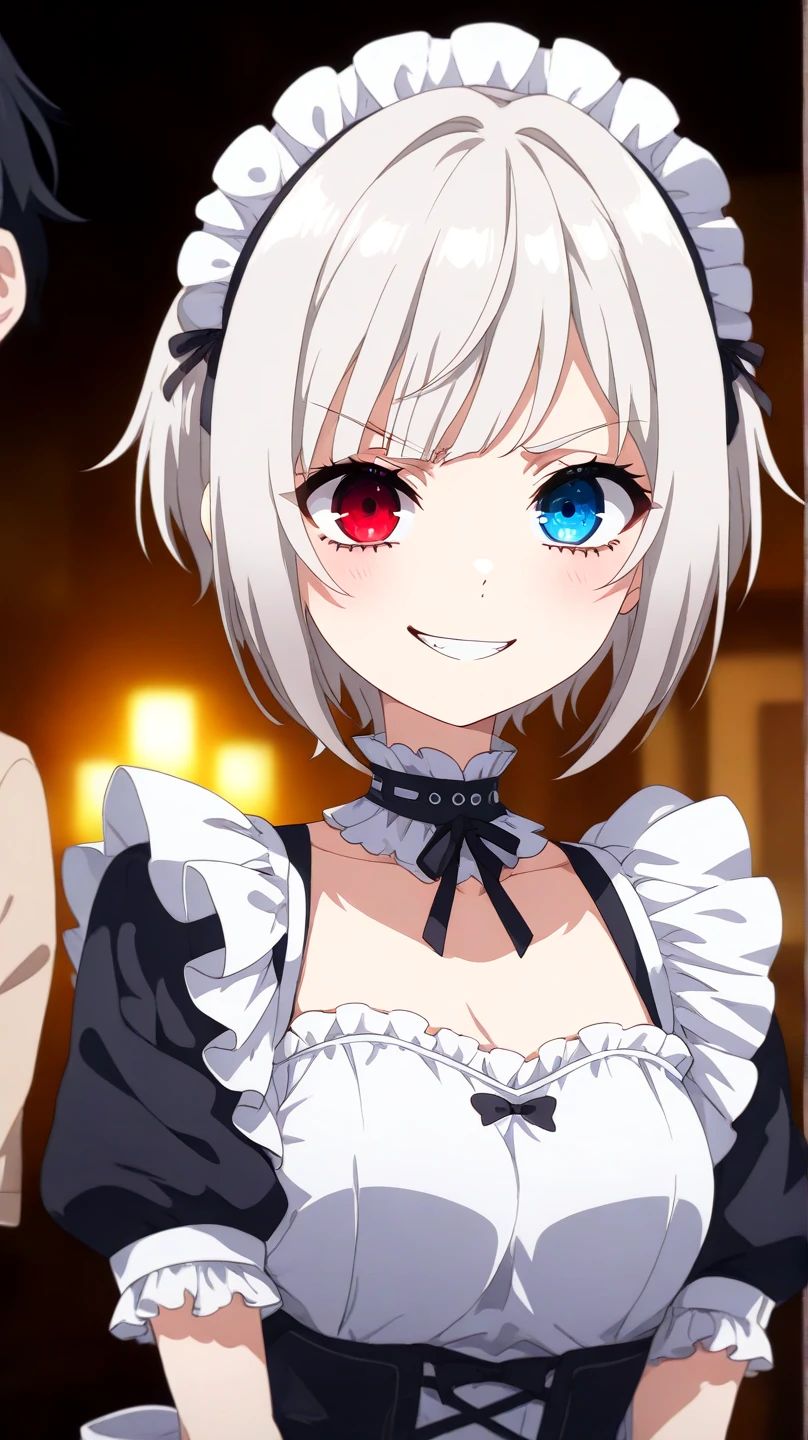 auto-destructive art, 1girl,solo focus, creepy kawaii, anime vibes, Short hair, silver-white hair with a slightly messy style and side-swept bangs.Heterochromia iridis),(left eye,Red eyes),(right eye,blue eyes), half body detailed, maid outfit, half body detailed, angry face, smile fake. 