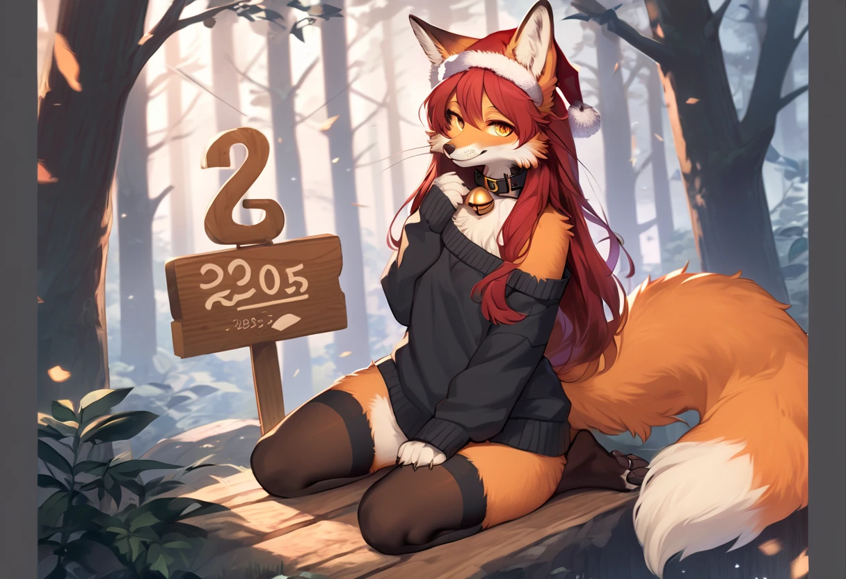 full body、Solo、score_9、 score_8_up、 score_7_up、unpralleled masterpiece、perfect artwork、highres、Elegant、Mysterious、Detailed、 Beautiful、Voluptuous、moody atmosphere、fox、kitsune、cute vixen、anthro、orange fur、(kemono、furry anthro)、(long hair、beautiful hair、dark scarlet red hair)、yellow eyes、(tuft of fur)、(digitigrade、claws、fox paws、exposed feet)、(foxy whiskers)、fluffy tail、(heavily shaded orange body、dark black shading on body)、(light smile、soft smile、smiling cutely)、wearing (Black simple stylish thigh highs、Black crop off shoulder sweater、Collar with gold bell、christmas hat)、(in a forest、boulder)、looking at viewer with adoration、on knees、on a boulder、(wooden sign that reads "2025")