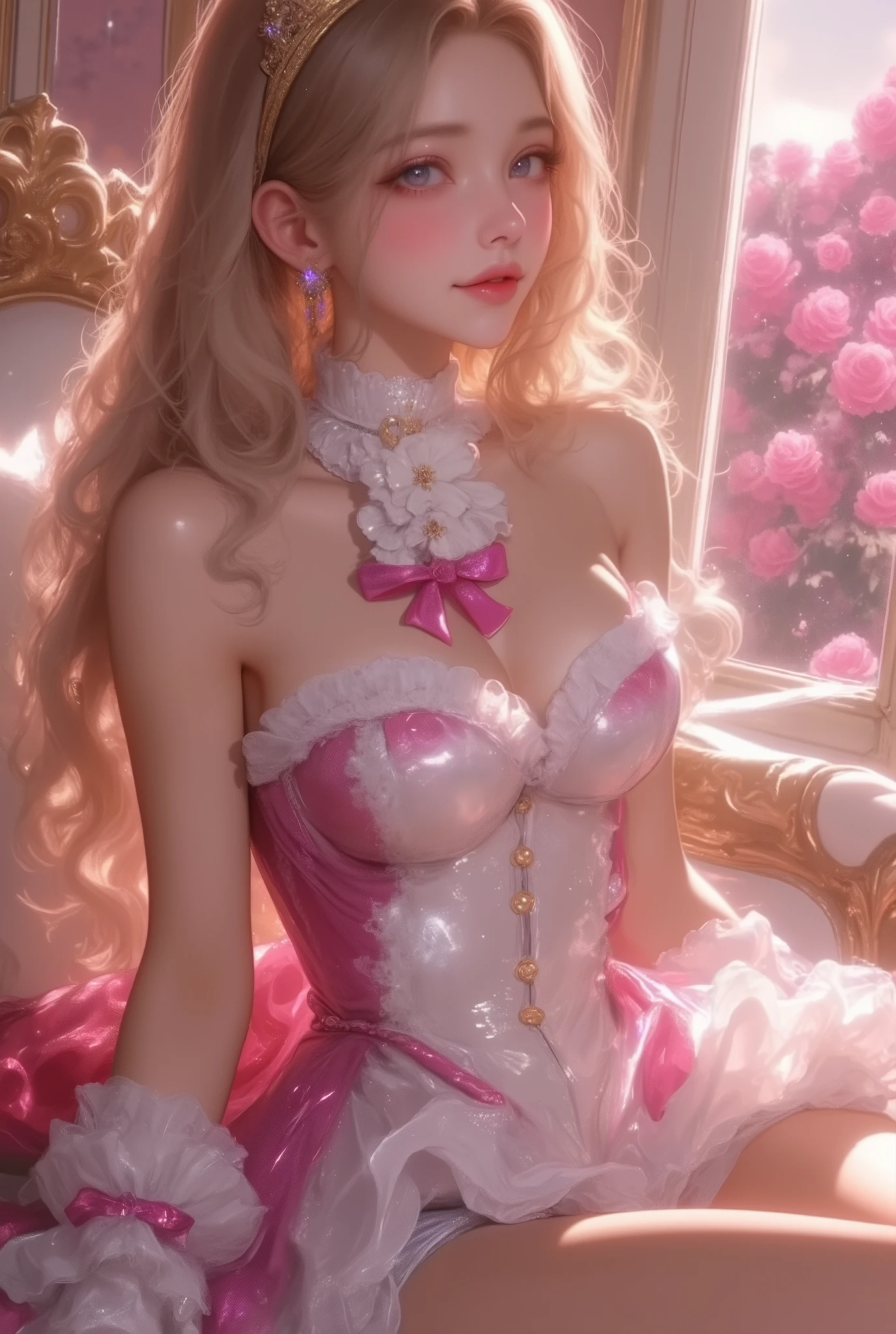 ((( shirtless in the lobby:2.5))), (( Plateau Peace  )),  Marie Antoinette  ,  Super detailed face ,fine grain,   Please open your mouth slightly ,( blonde alone ),  long hair,  wave hair, (((sheer silk dress:1.3))),Rococo Ruffle Dress, ((( Sexy Dress :1.3))),  dress for lying on a wooden boat has a long skirt ,  Baroque Dress  ,  intricate fantasy dress , Beautiful ruffle dress ,   romantic dress,   Frill Costume  ,lottery, Data Style,  Formal wear, Fancy Fashion, palate colors include   pink and white,(  pink:1.5),Class A Smile, Gold Tiara ,   necklace , sit in a luxurious chair,Hands on knees,(  rainbow light  :1.4),,  the side face of a person looking out of the window  ,  a rosebush is reflected in the window   ,(Inside Victoria Palace)、Her eyes are shining、 now her blonde alone's hair extends to her waist 、Rose-colored gradation and three, 薄い  pinkのロック. 彼女は花柄の装飾が施された Gold Tiara を着用し、  Matching earrings    , white flower choker. 彼女は金色のボタンで縁取られたフリル付きの白いストライプの  pinkのトップを着ている, The white sleeves are in the shape of a bud  ..   with a magenta ribbon flowing out of her chest  ..、 At the back of her neck  、Matching chest piece, Decorated with flowers.  her frilly skirt is separated by a white line ,  a dress with a large magenta ribbon 、Decorated with gold,   There is a small ribbon on the back  . Her mini skirt、薄い  pinkのマゼンタの貝殻状の裏地と白い花のペチコートでできている. 彼女は  pinkの花がついた白い手袋も着用している, 白と薄い  pinkの靴には、ゆるいカフとDecorated with flowersたマゼンタのリボンがある