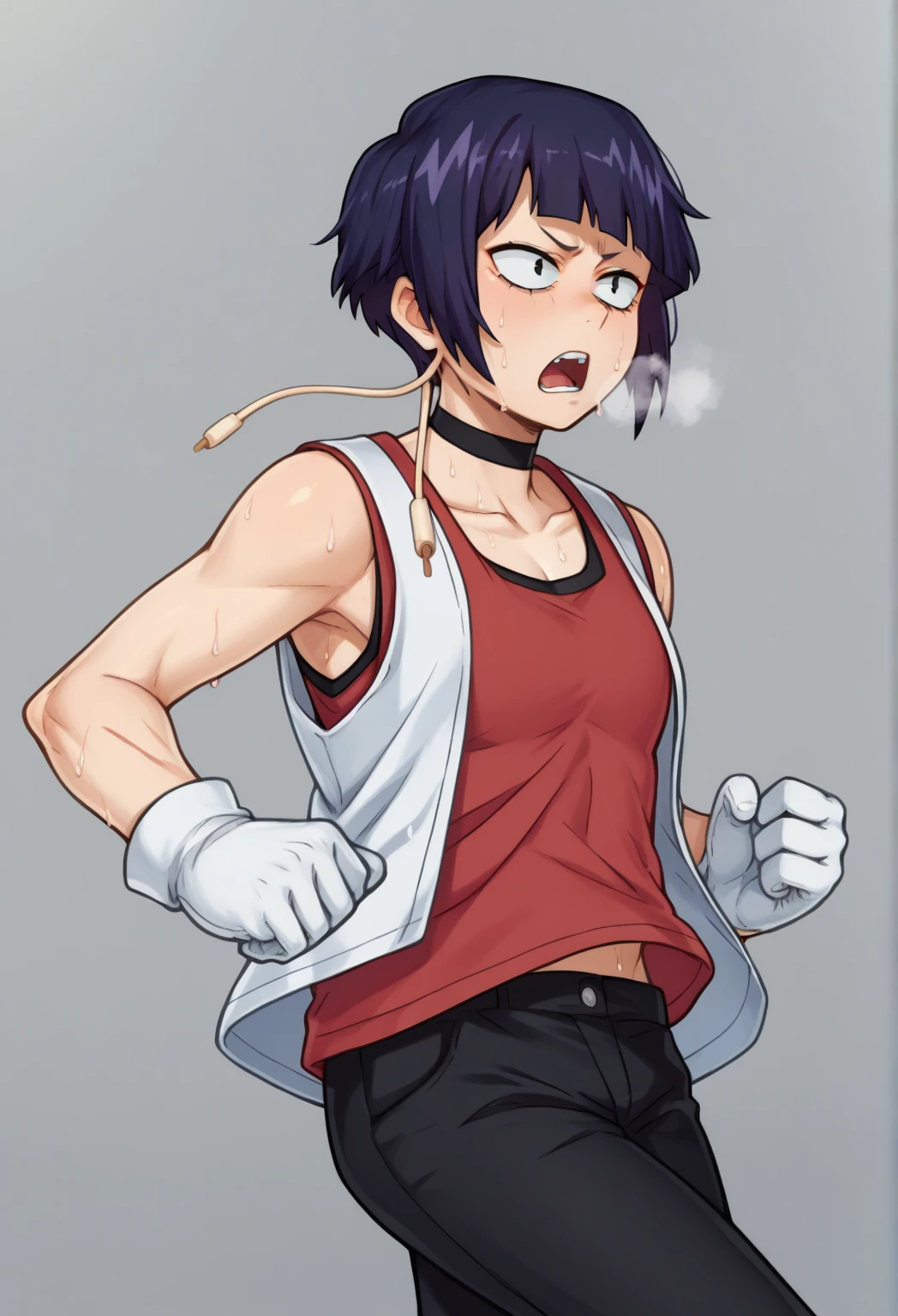 1 girl, alone, ppka, black fur, short hair, messy fur, Ahoge, parts, parts por todo el cuerpo, grey eyes, blind eyes, kind eyes, very nervous, looking at the viewer,
karate pants, white, sports bra, karate black belt,
sitting on the floor, full of bruises, blood on the cheek, fighting, Kicking, kick mae geri (THERE IS GERI), fighting con el espectador
