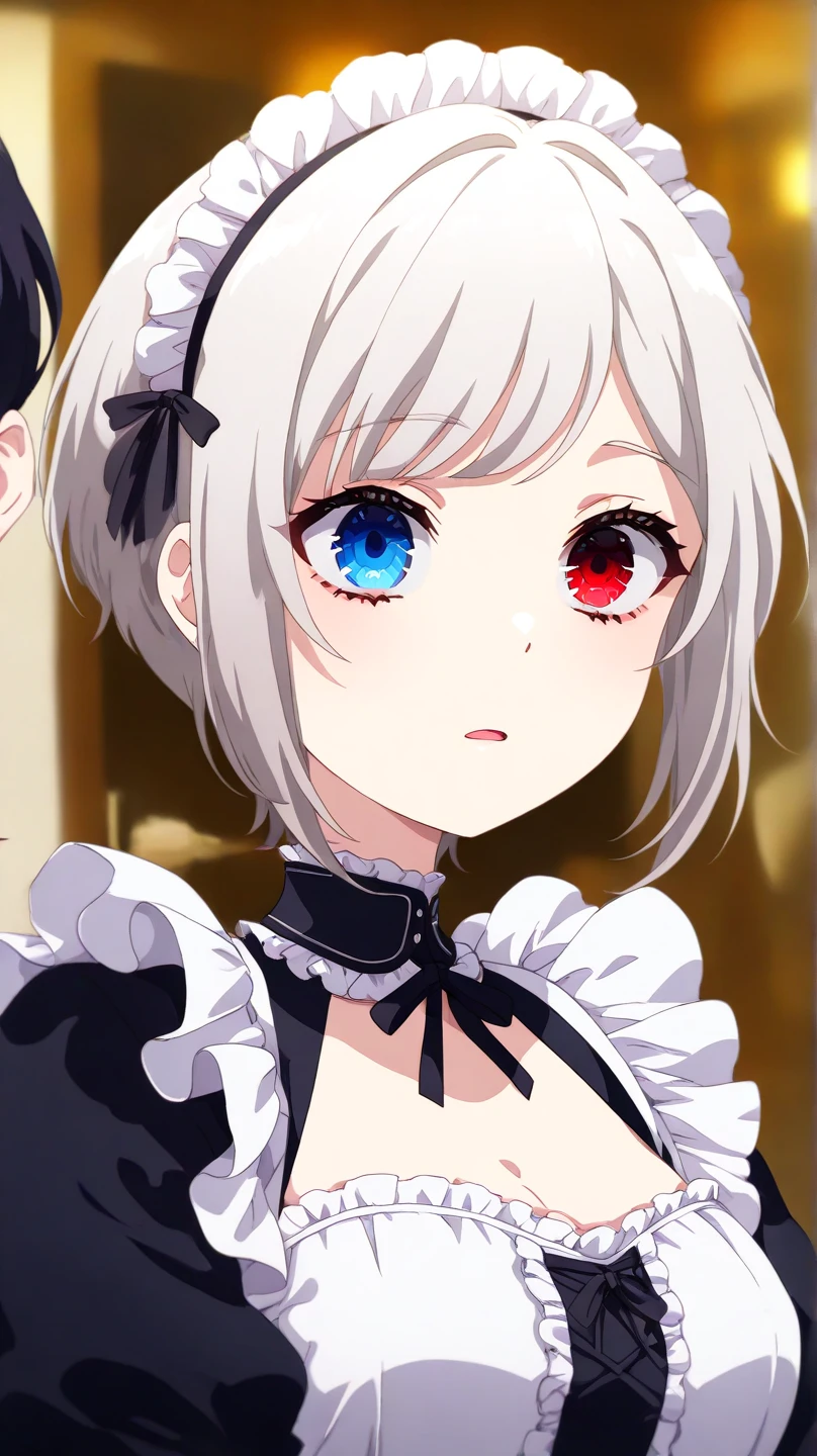 auto-destructive art, 1girl,solo focus, creepy kawaii, anime vibes, Short hair, silver-white hair with a slightly messy style and side-swept bangs.Heterochromia iridis),(left eye,Red eyes),(right eye,blue eyes), half body detailed, maid outfit, half body detailed, iya na kao, 